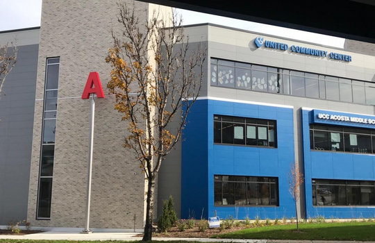 Letters on posts represent aspects of Milwaukee's water. The A at Acosta Middle School could stand for Acosta, aquatic awareness and agua, the Spanish word for water. (Photo: City as Living Laboratory)