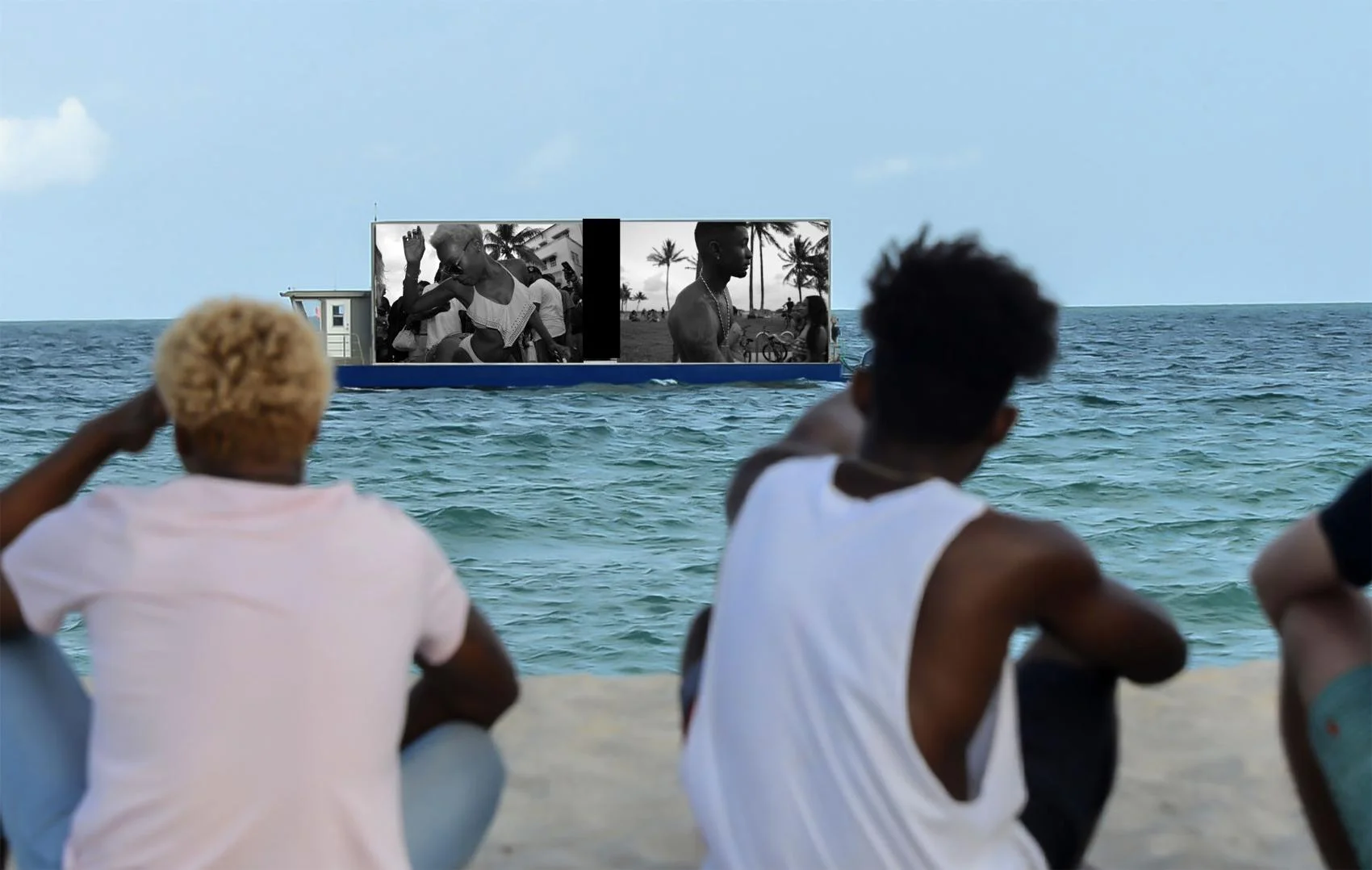 Urban Beach Week revelers watch themselves on a LED screen as part of the promotion of “waterRIGHTS.” The photo installation is part of Johanne Rahaman’s BlackFlorida archives. Photo courtesy of Johanne Rahaman.