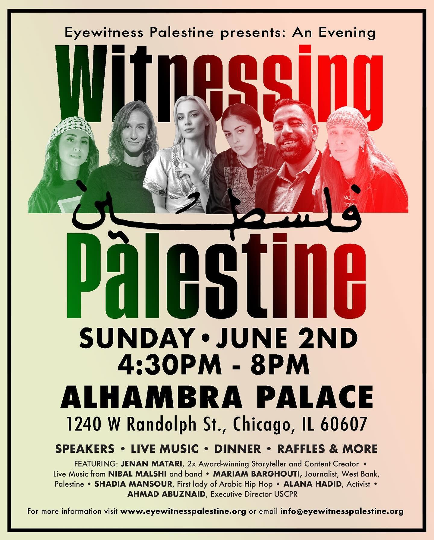 CHICAGO: On June 2, 2024, Eyewitness Palestine will be hosting an Evening of Witnessing Palestine Through Stories, Flavor, and Culture with an incredible line-up of artists and speakers, including the First Lady of Arabic Hip-Hop @shadiamansour, West