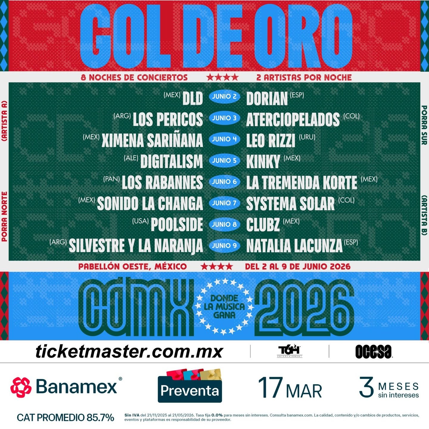 RUMBO AL MUNDIAL 🌎🔊
@kinkytheband @dldmexico 

Festival Gol de Oro:
👉🏼 5 de Junio 
📍Pabell&oacute;n Oeste, CDMX

🚨Preventa Banamex: 17 de Marzo
🔖 Venta General: 18 de Marzo

Boletos por @ticketmaster_mx