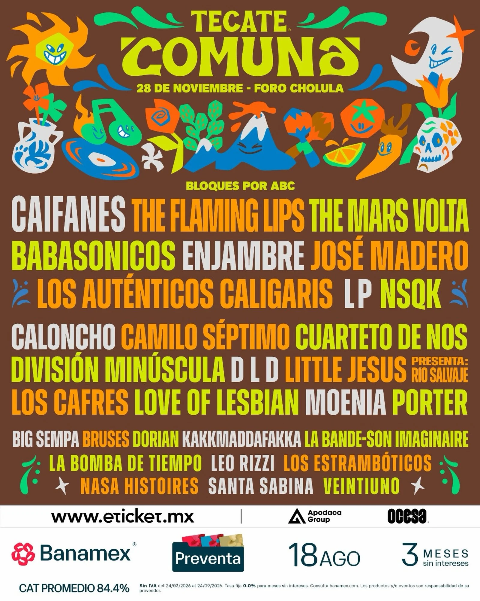 @caifanesmex , @enjambremx , @dldmexico , @moeniamx y @loveoflesbian en el @tecatecomuna el 28 de noviembre 🔊💥. 

#PreventaBanamex: 18 Ago | 10 AM
Venta Libre: 19 Ago | 10 AM
Boletos en Eticket