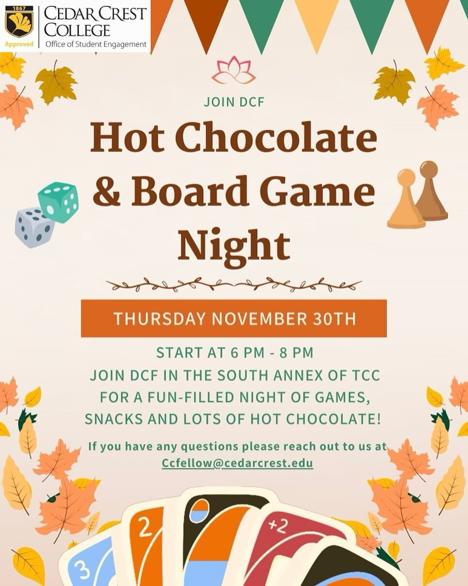 warm up with Cedar Crest DCF tomorrow (thursday, 11/30) as we enjoy some hot cocoa and fellowship time over board games! bring a friend&mdash; all are welcome. see you at 6pm 🍁