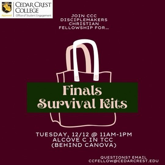 Are you stressed about finals? Wondering how you&rsquo;ll make it through the next few days? Could you use a little pick-me-up?

Then come take a break with Cedar Crest DCF as we make FINALS SURVIVAL KITS! Tuesday, 12/12 between 11am-1pm in Alcove C 
