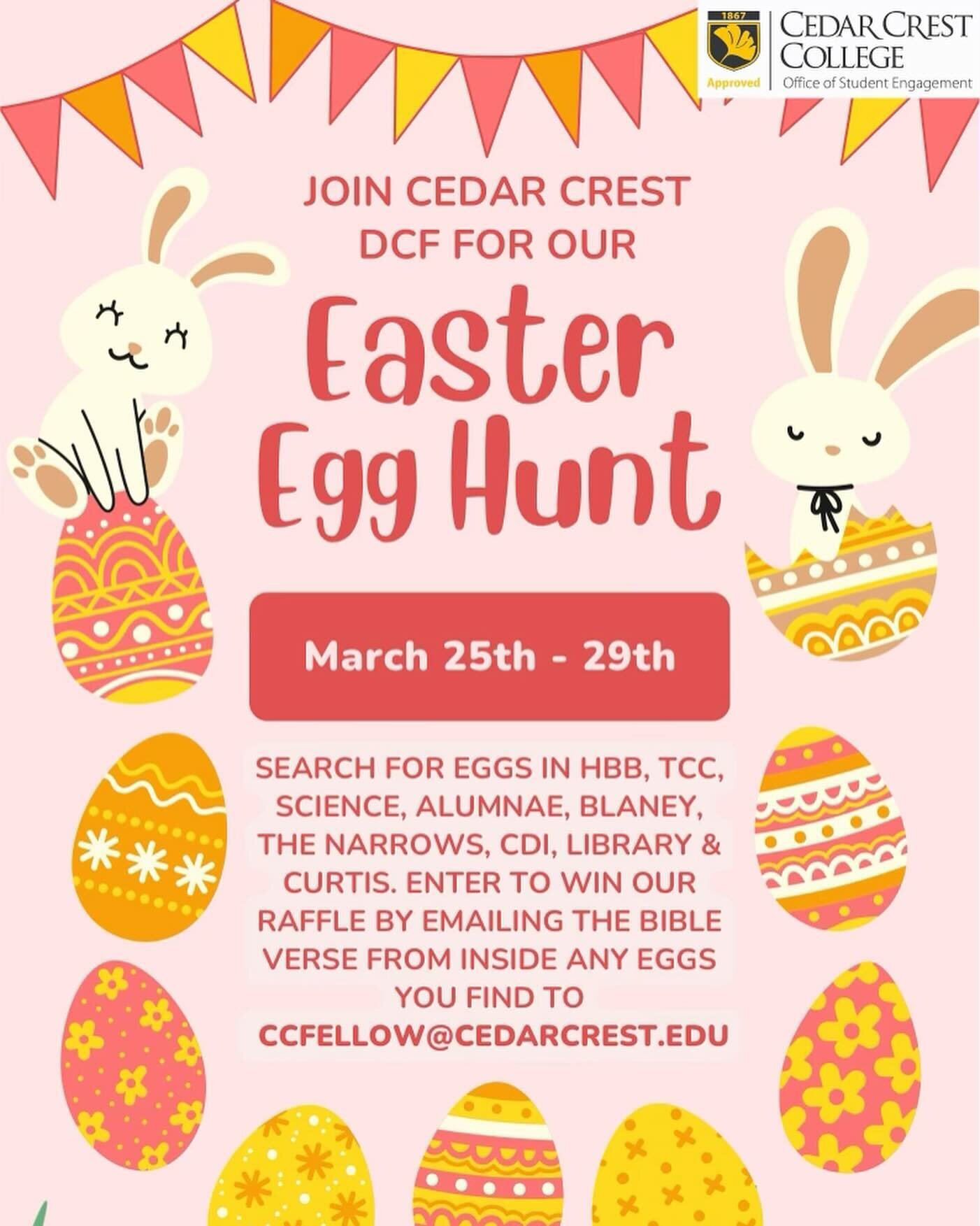 Hey Cedar Crest! Have you participated in our Easter Egg Hunt around campus yet? 🐣🪺 Send the Bible verse inside any egg you find to our club email, and you&rsquo;ll be entered to win the raffle prize basket!