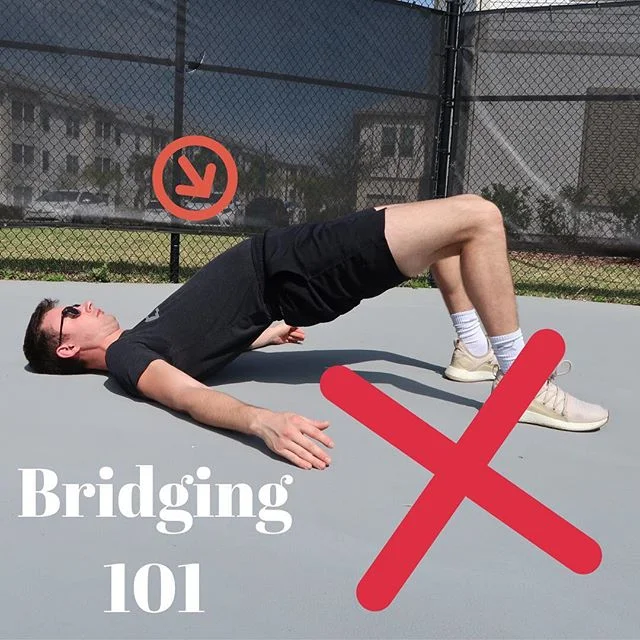 Bridges are a pretty basic exercise that I often see people focus on the incorrect things during it. Yes, focus on driving your heels into the floor but not to excess, yes, squeeze your bottom but not to excess, and definitely try and squeeze your pe