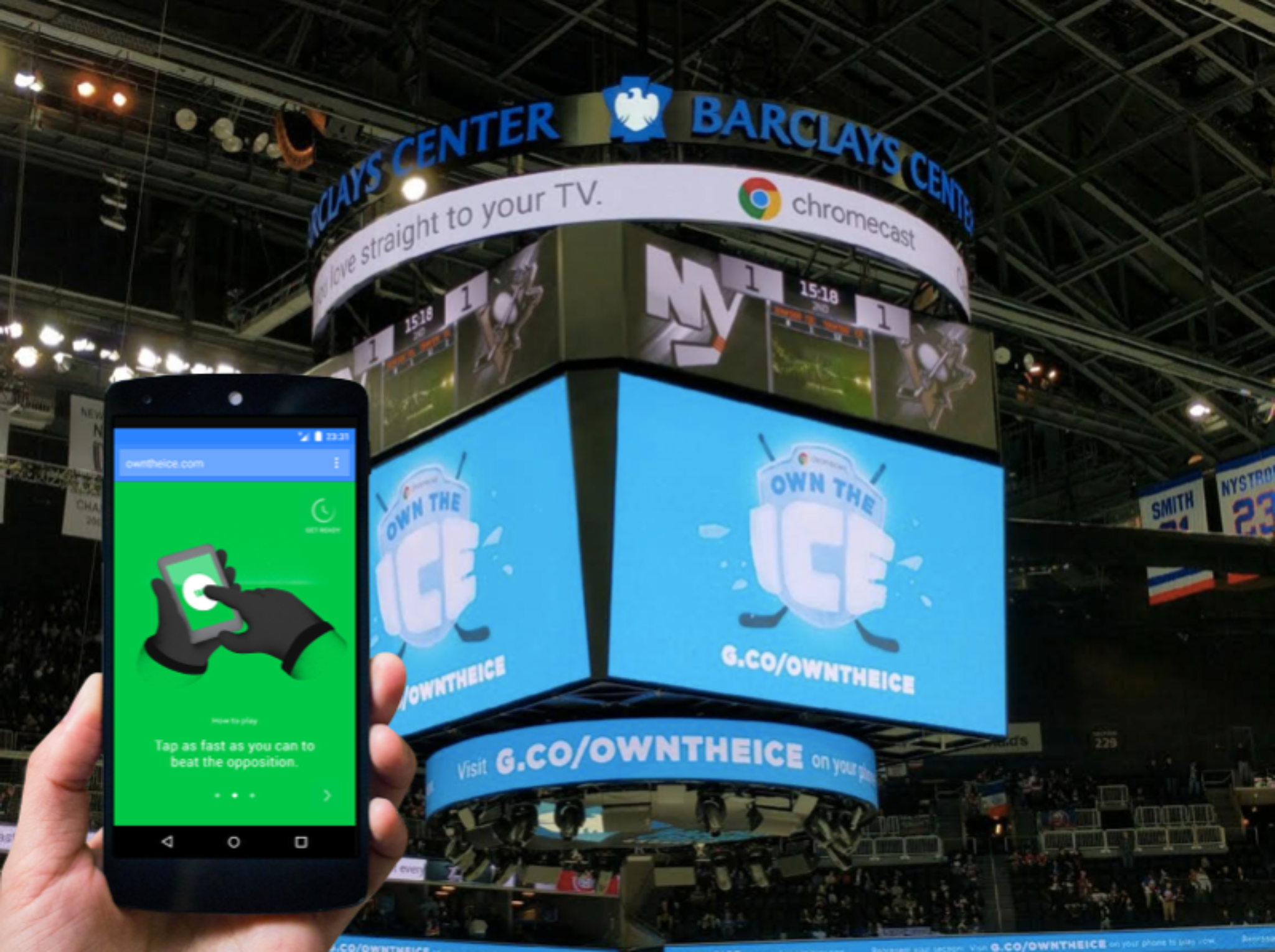  To showcase Chromecast, a simple device that sends content from your phone to your TV, we turned the Barclays Center into a massive living room for everyone to play in.&nbsp; 