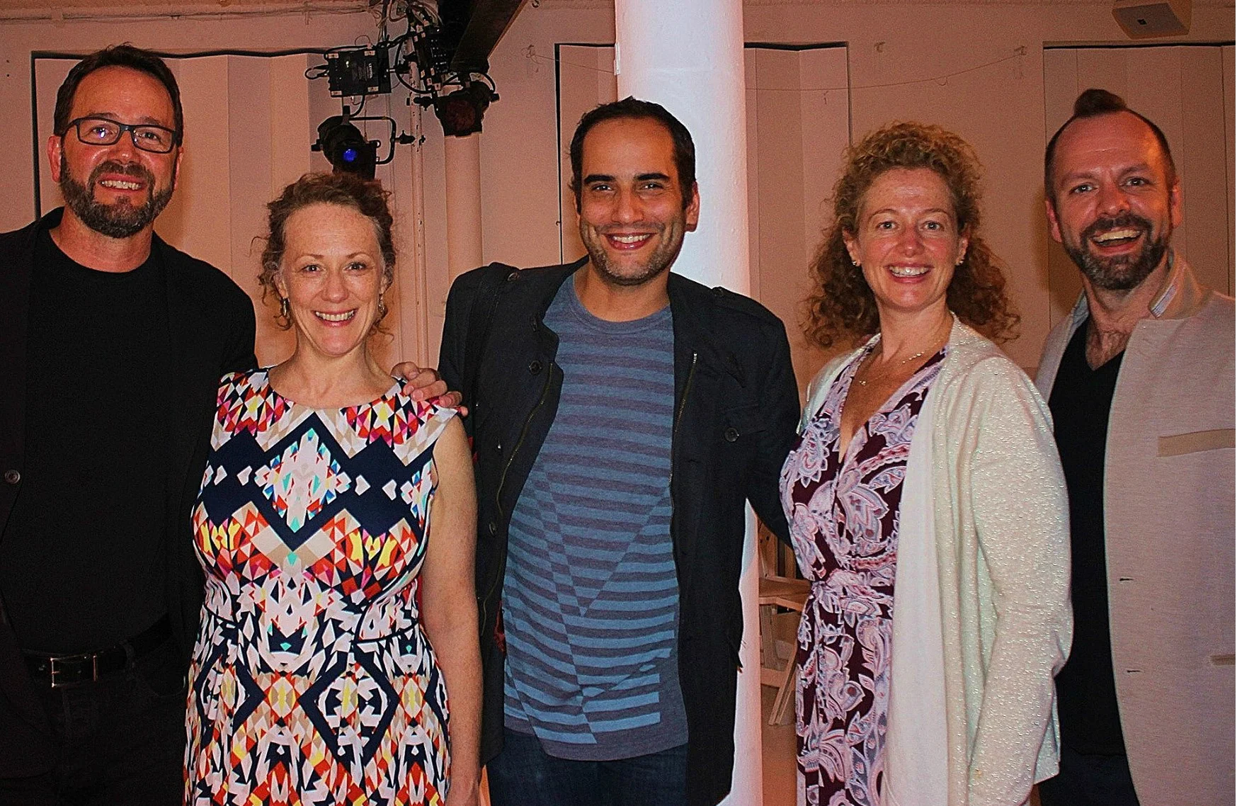 Opening night of The Woman Who Was Me with Peter Grandbois , playwright, Liz Stanton , actor/producer, Antonio Minino & Katie Rosin , Kampfire PR, Jeremy Williams , producing director, at TheaterLab, 2017. Photo by Jed Ryan , Huffington Post.
