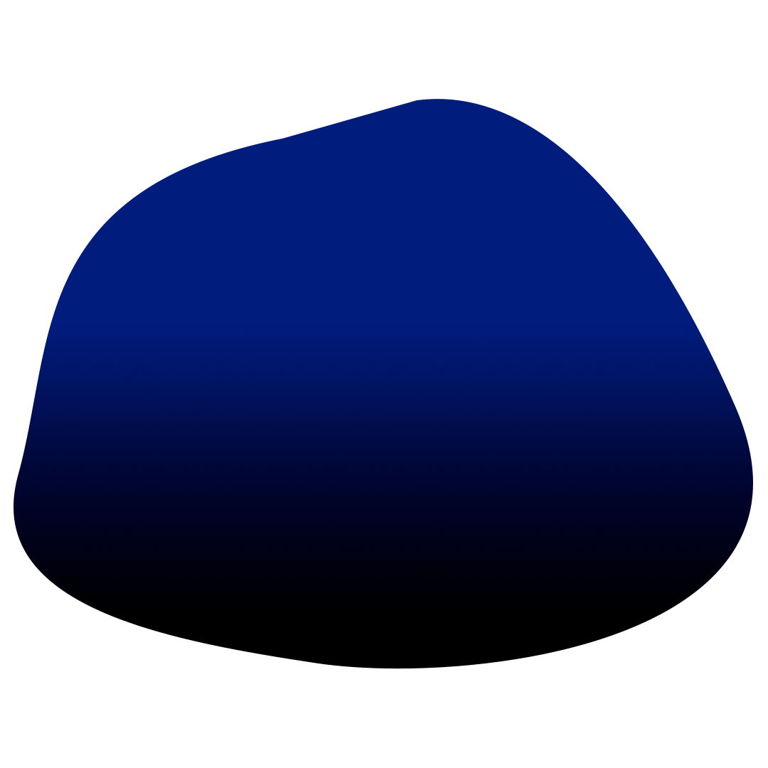 A dark blue speech bubble with a gradient fading to black at the bottom, containing stylized black and blue text.