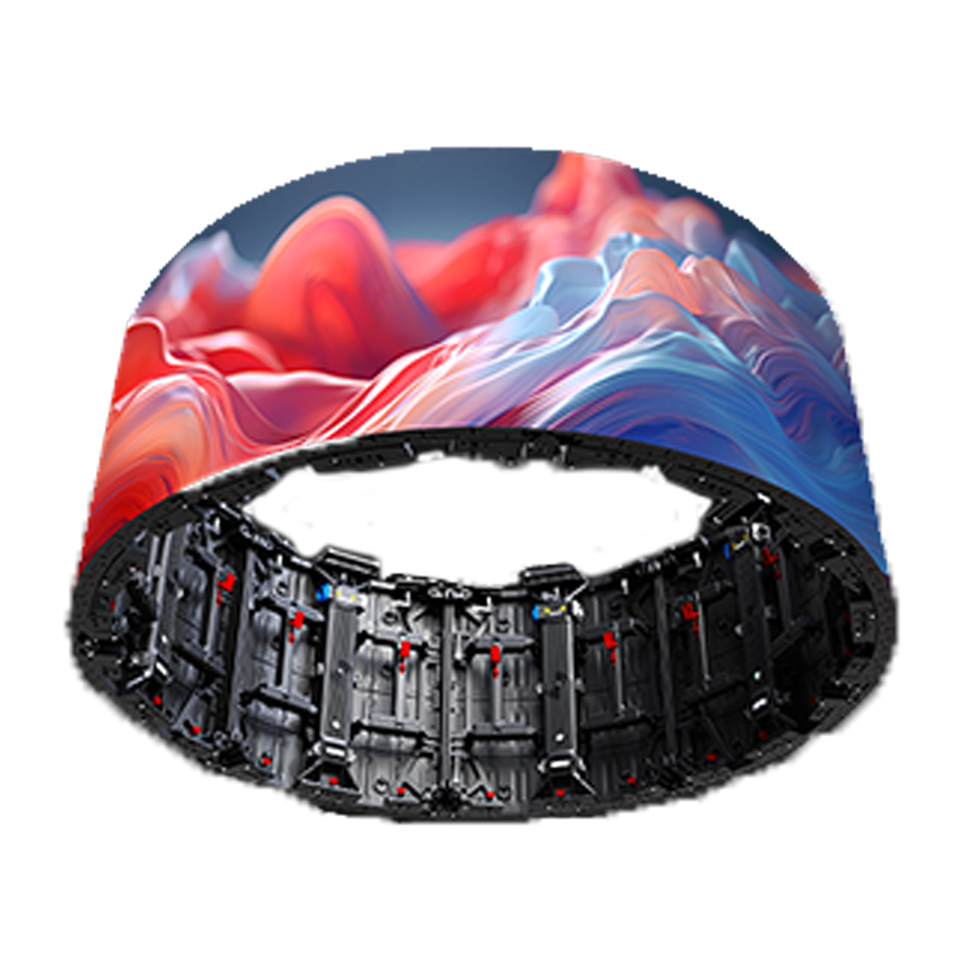A large, cylindrical LED screen displaying colorful, abstract swirling patterns on its surface, with the bottom side showing the internal mounting and electronic components.