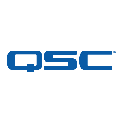 QSC logo in blue and black on a black background.