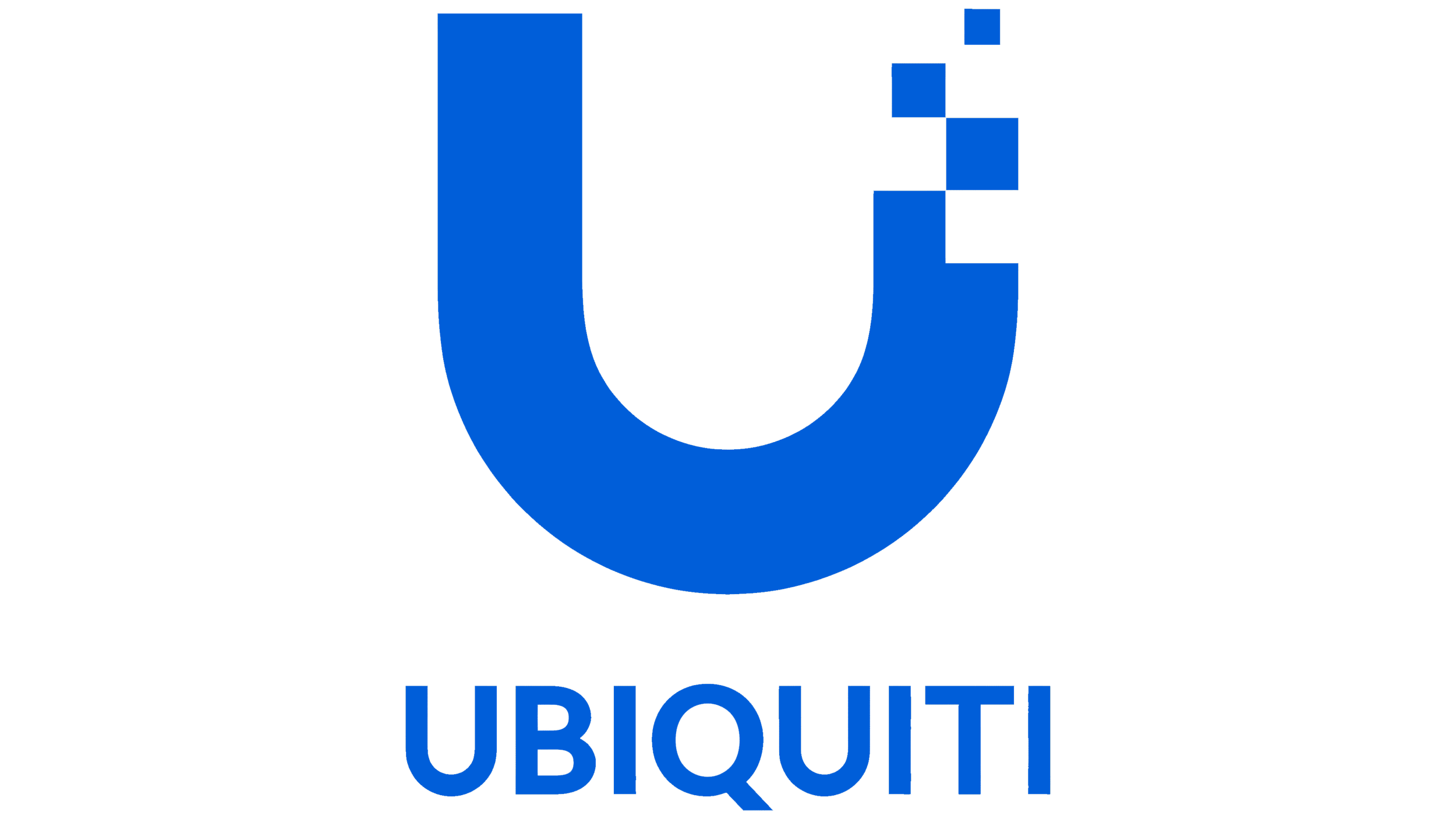 Ubiquiti logo with a black background, featuring a stylized blue letter 'U' and the word 'UBIQUITI' written below in blue.