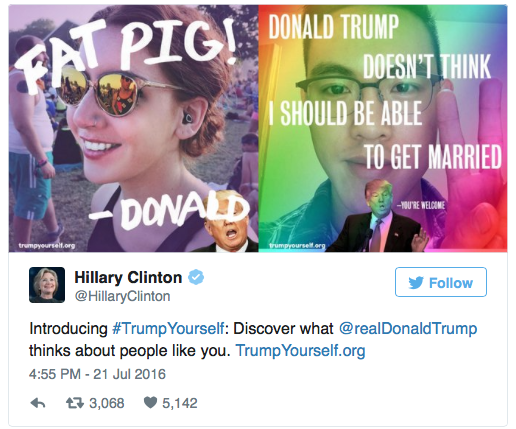 Ein Tweet von Hillary zum Bewerben des Gimmicks: So in etwa sieht ein Zitat Trumps gepaart mit einer Facebook- Page aus