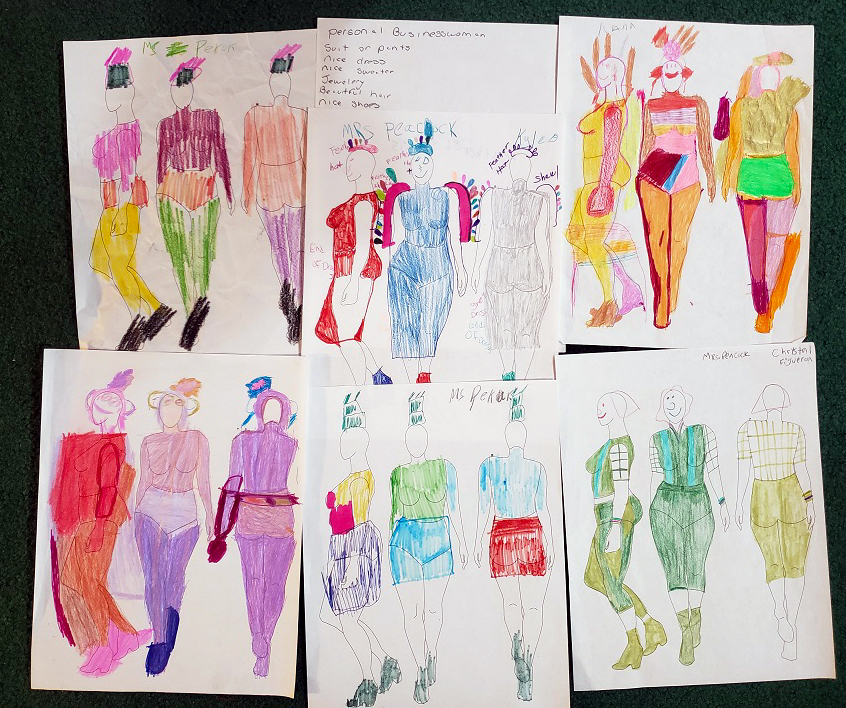 Costume designs for Mrs. Peacock