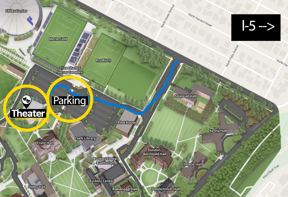 Map showing parking and theater. Read text for directions.