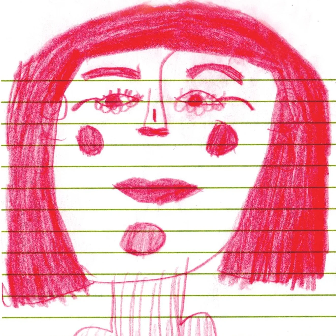 Bright red line drawing of a woman's face and shoulders. Horizontal green lines appear over the drawing