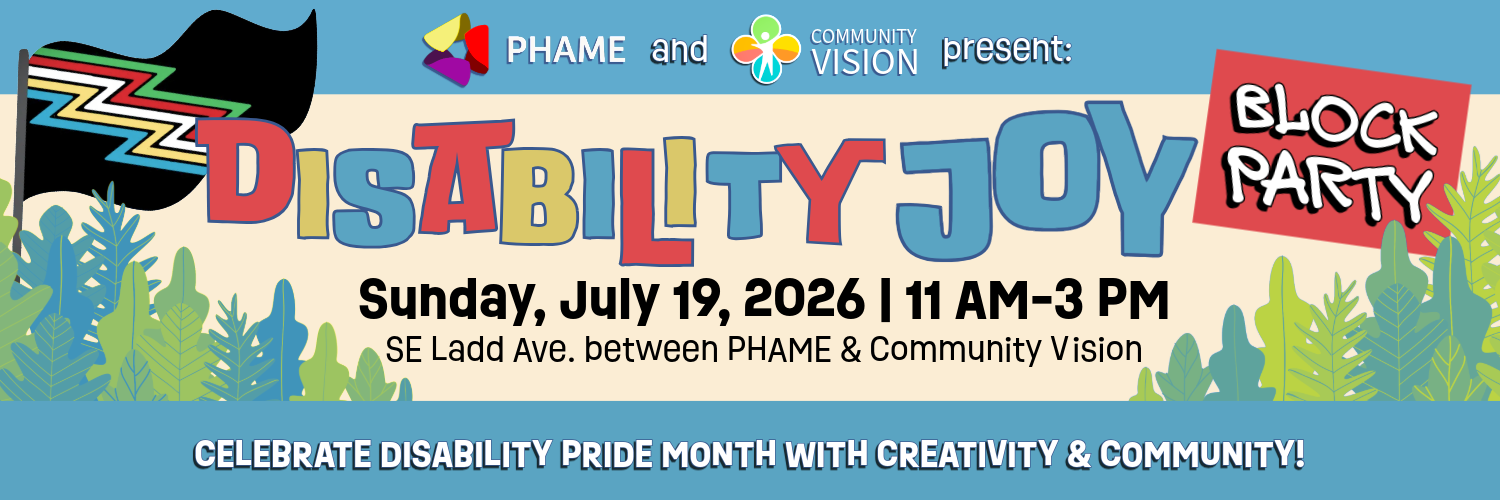 Event banner with disability pride flag and green and blue trees.