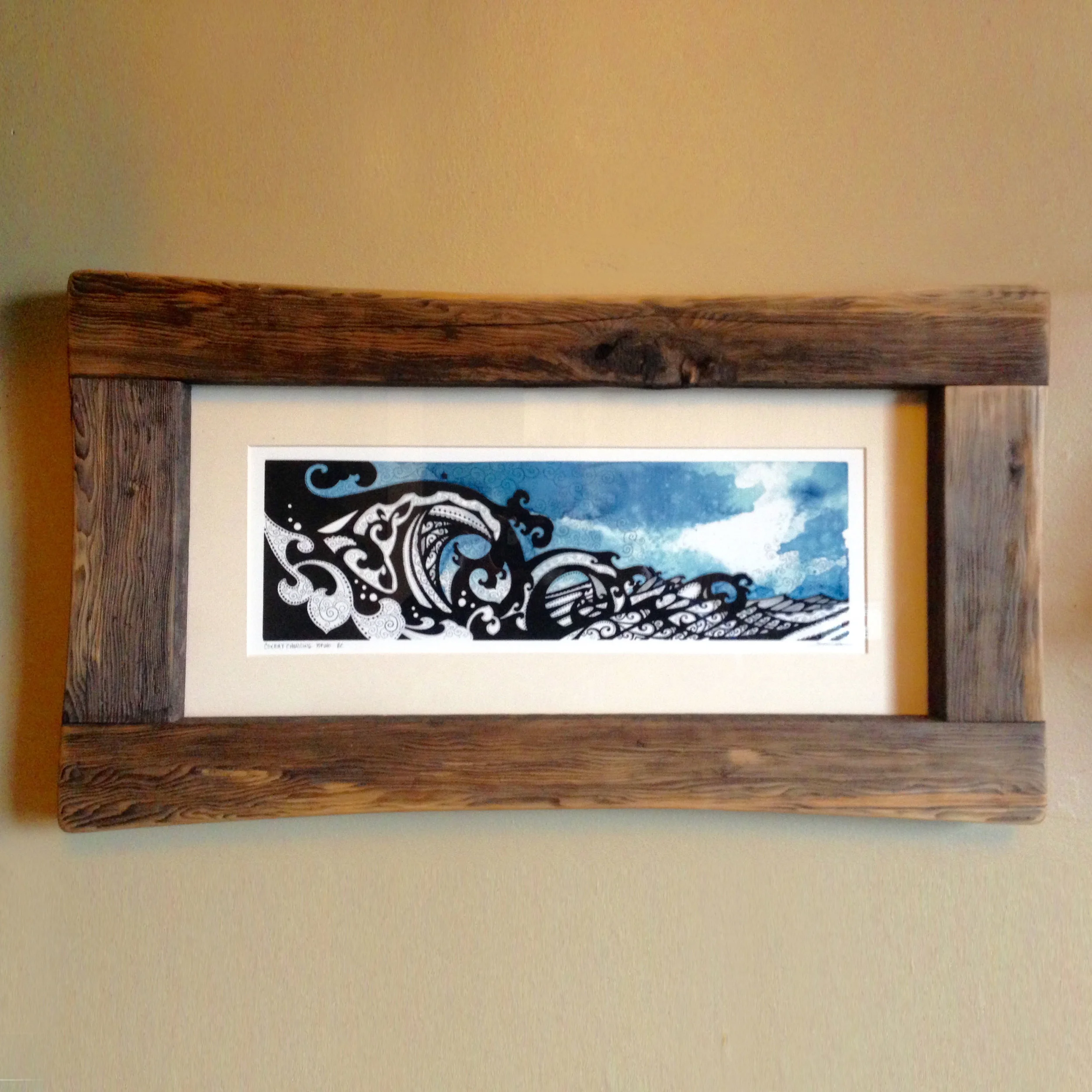 Driftwood frame with print of Rika's Cox Bay Charging painting. Sold. Contact for commission.