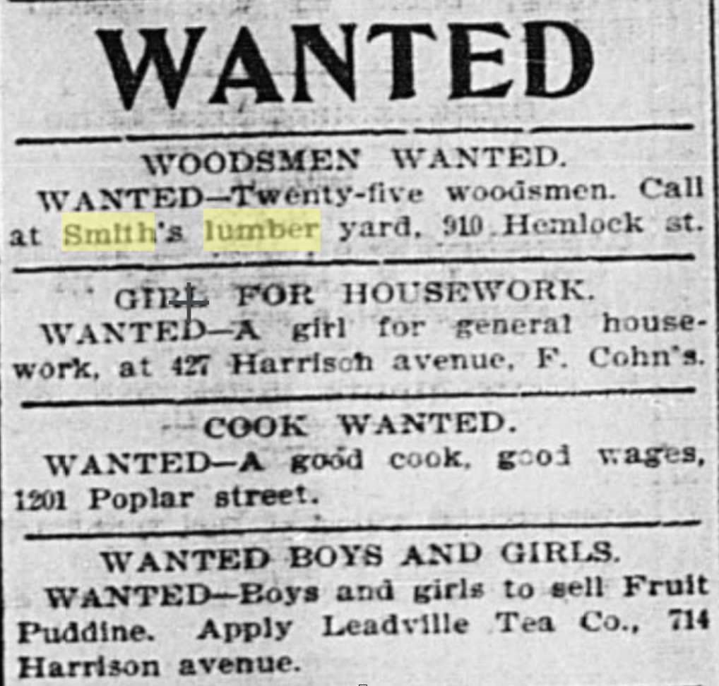An ad in the Herald Democrat placed Jan 3, 1900 by S.L. Smith Lumber