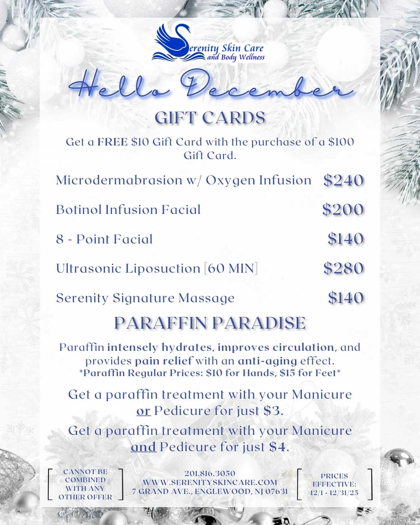 ❄️ Discover December Delight at Serenity Skin Care &amp; Body Wellness! ❄️
Treat yourself to a season of self-care and indulgence with our exclusive December specials. You won't want to miss out on these offers to rejuvenate your mind, body, and soul