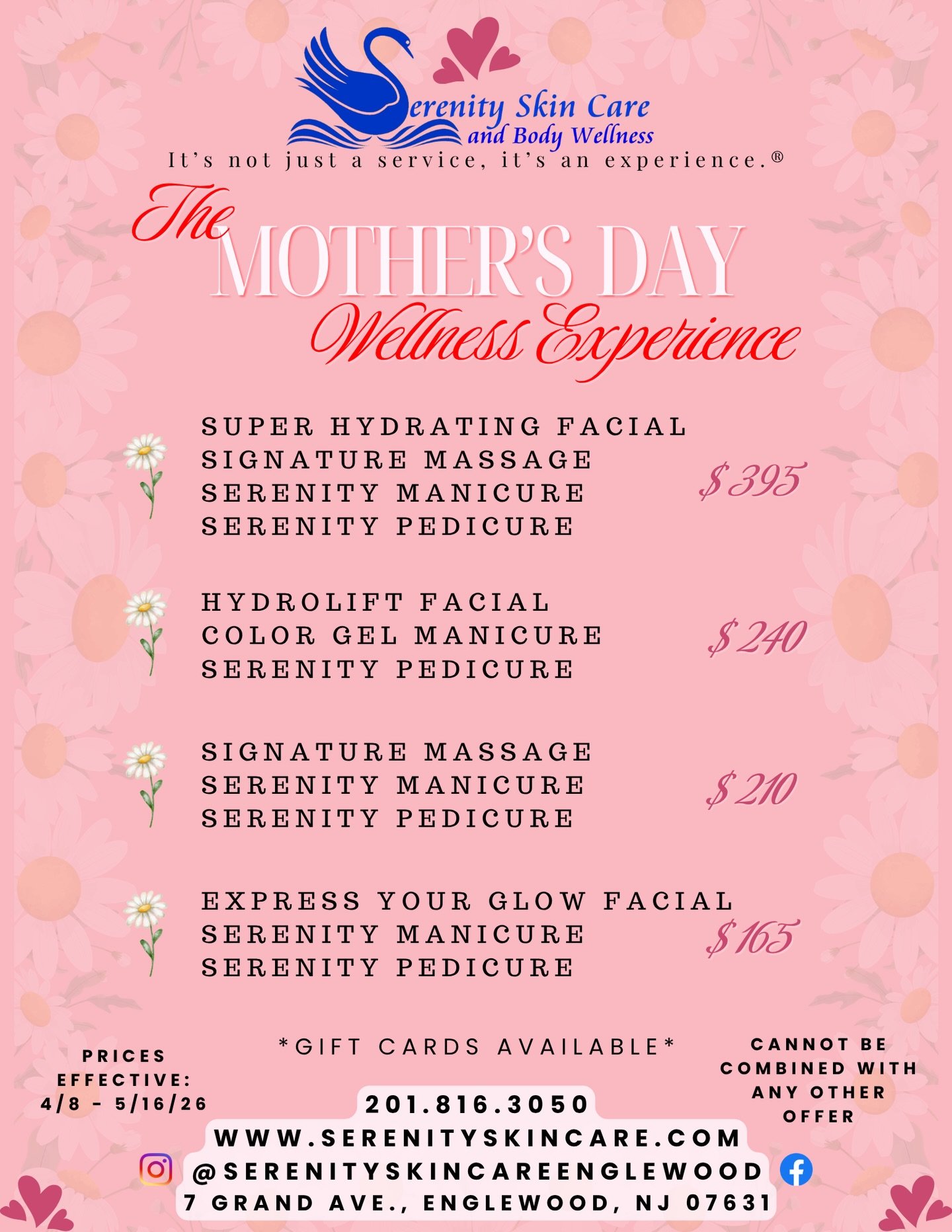 ✨💐 Mother&rsquo;s Day is the perfect opportunity to honor the women who matter the most to us. Surprise her with an exceptional spa experience at Serenity Skin Care &amp; Body Wellness! 🦢✨
&mdash;&mdash;
It&rsquo;s not just a service, it&rsquo;s an
