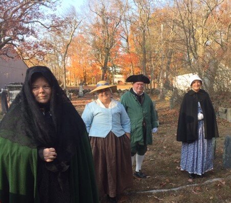  (L to R) Ellen Reed (l) was in mourning as the mother of Nettie Bell, the first murder in Henniker. Sue Fetzer was Mrs. Louisa Bacon and talked about her 12 children, and especially Jonas, who died in the Civil War. John Coburn represented Ephriam G