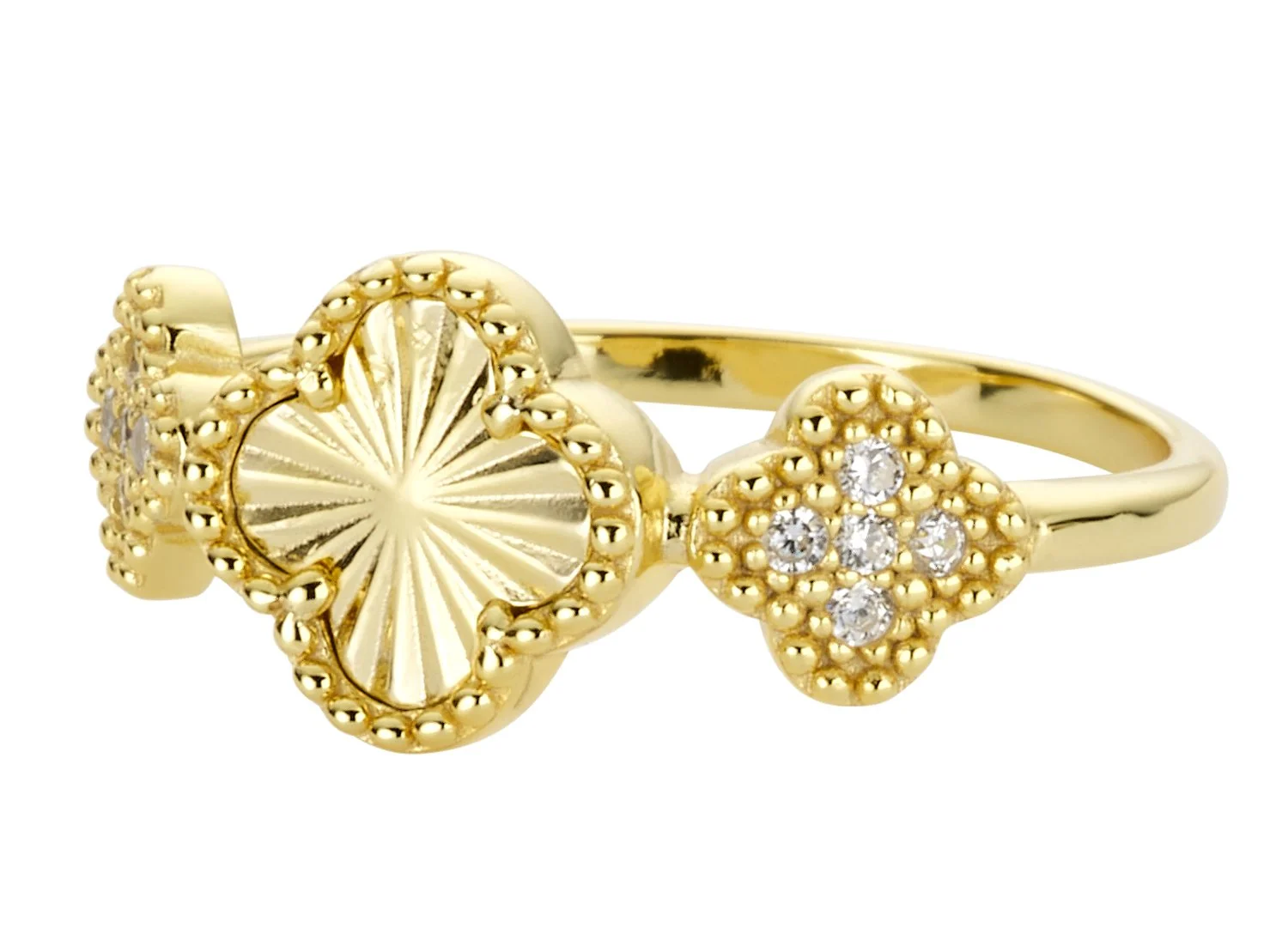 Gold ring with a floral design, featuring a large central element and a smaller flower with diamonds.