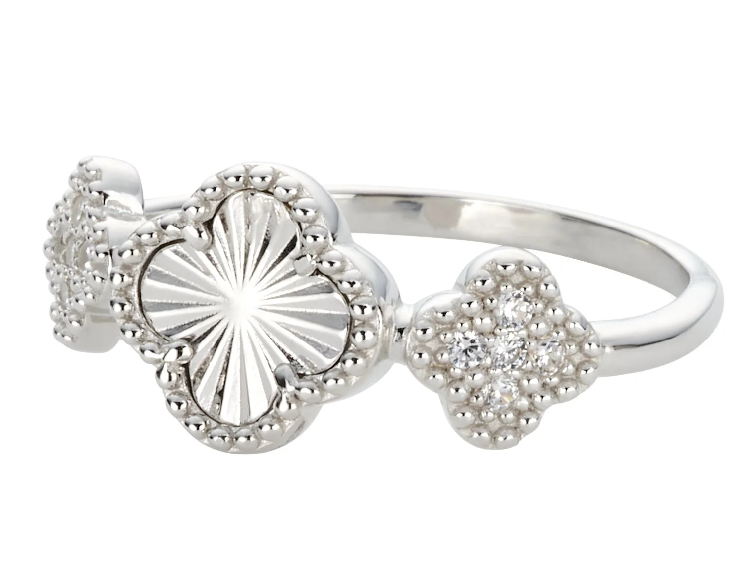 Silver ring with three flower-shaped decorations, one featuring small diamonds and the others with intricate bead detailing, set against a plain white background.