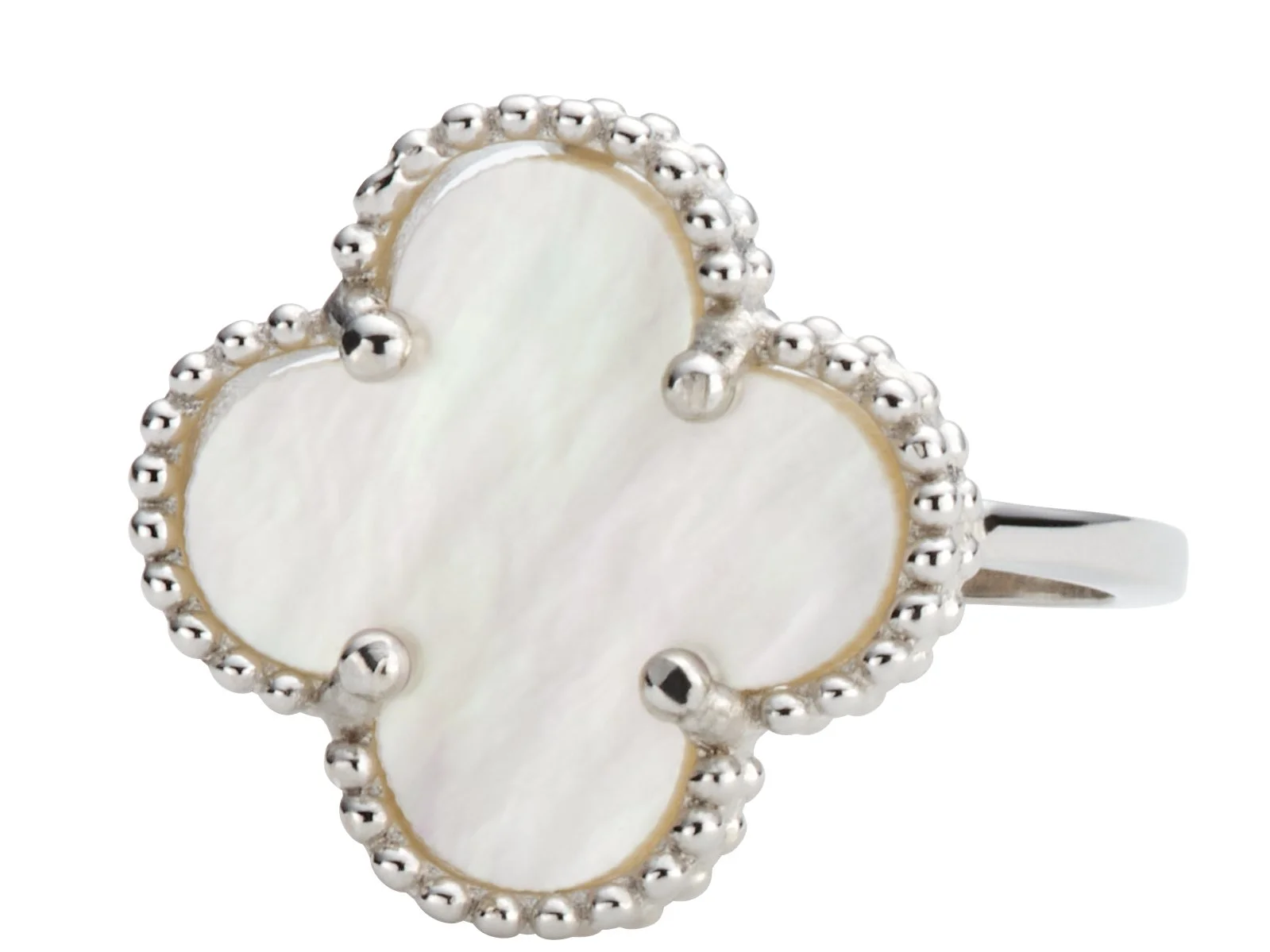 Ring with a large, irregularly shaped white stone surrounded by small silver beads.