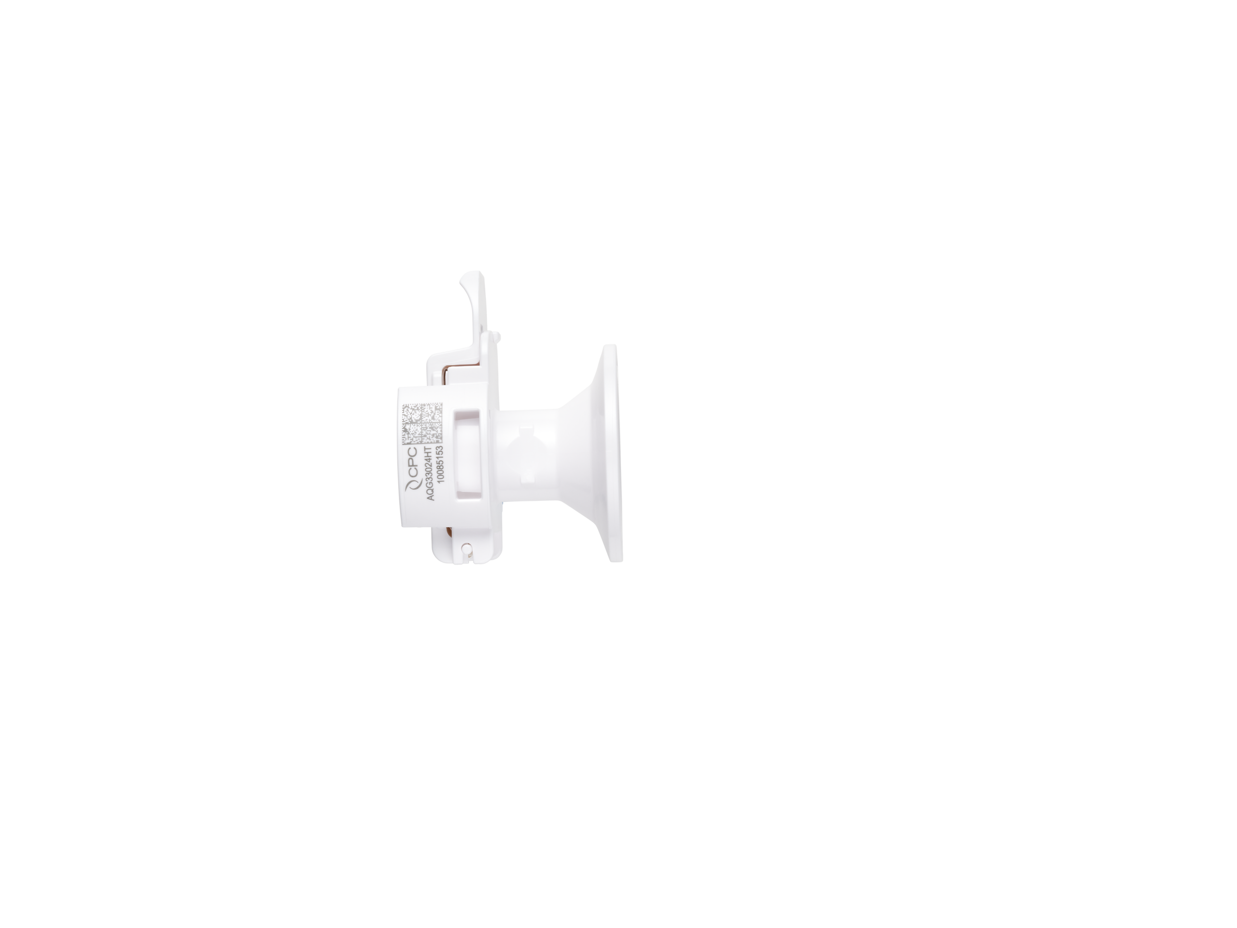 Close-up of a white electrical component with a QR code label on the left side, against a black background.