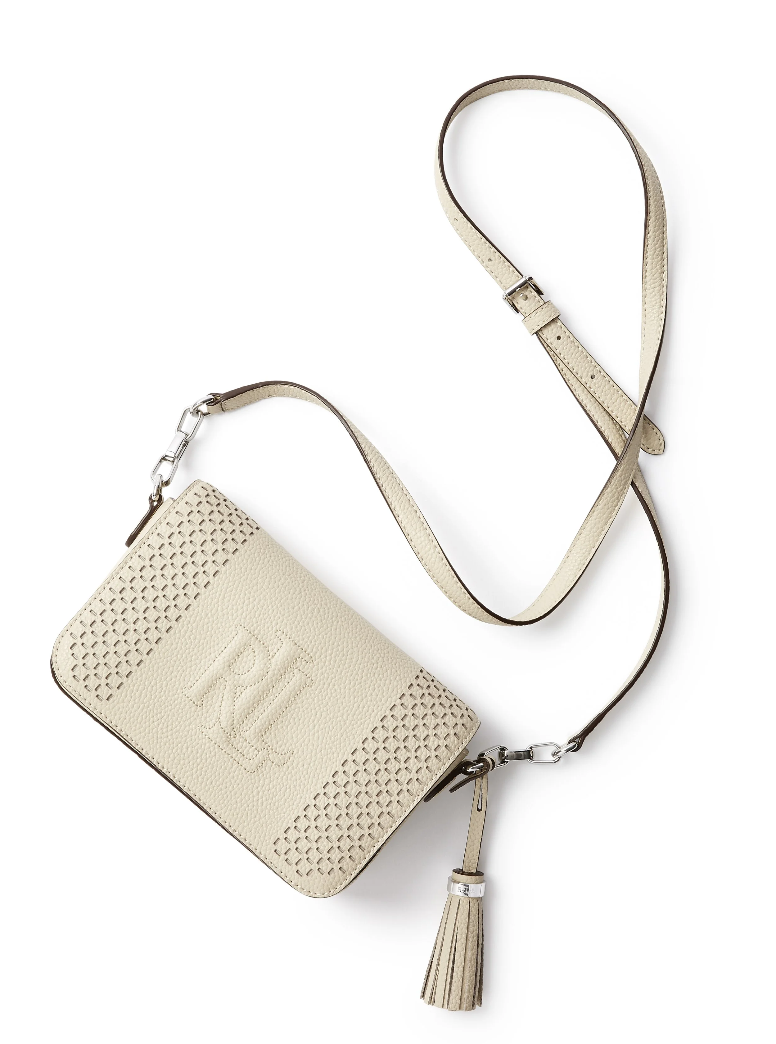 Cream-colored crossbody purse with textured leather, tassel detail, and embossed initials RL, on a white background.
