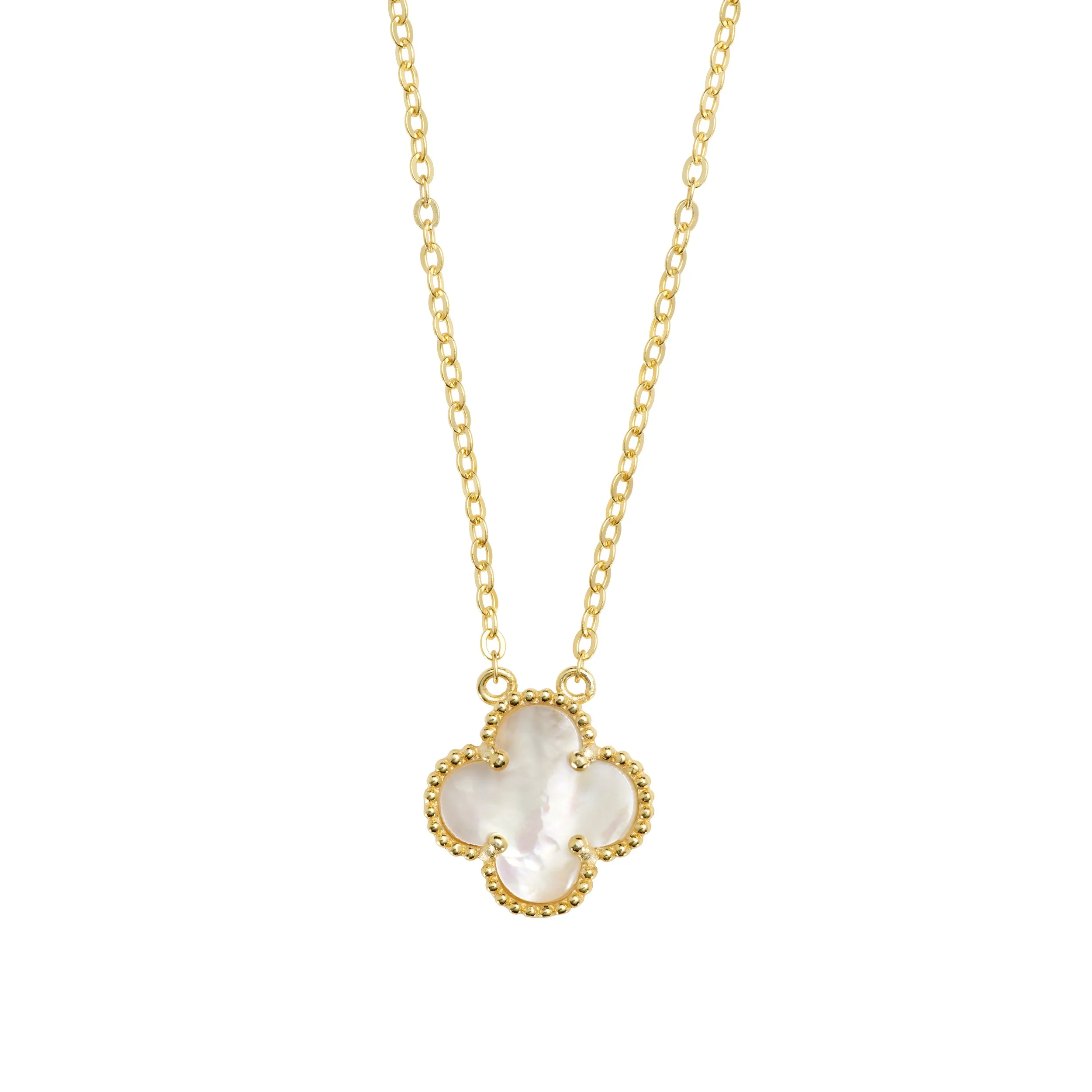 Gold chain necklace with a large clover-shaped pearl pendant in a beaded gold frame.