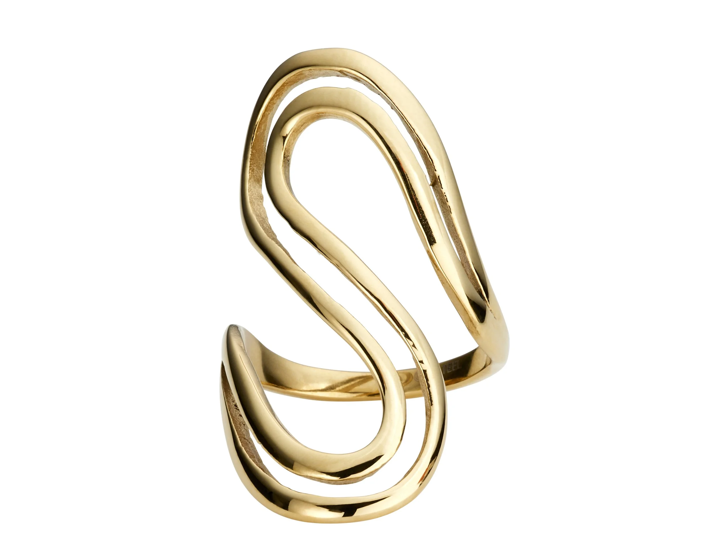 Gold ring with an abstract, modern design of intertwined loops.