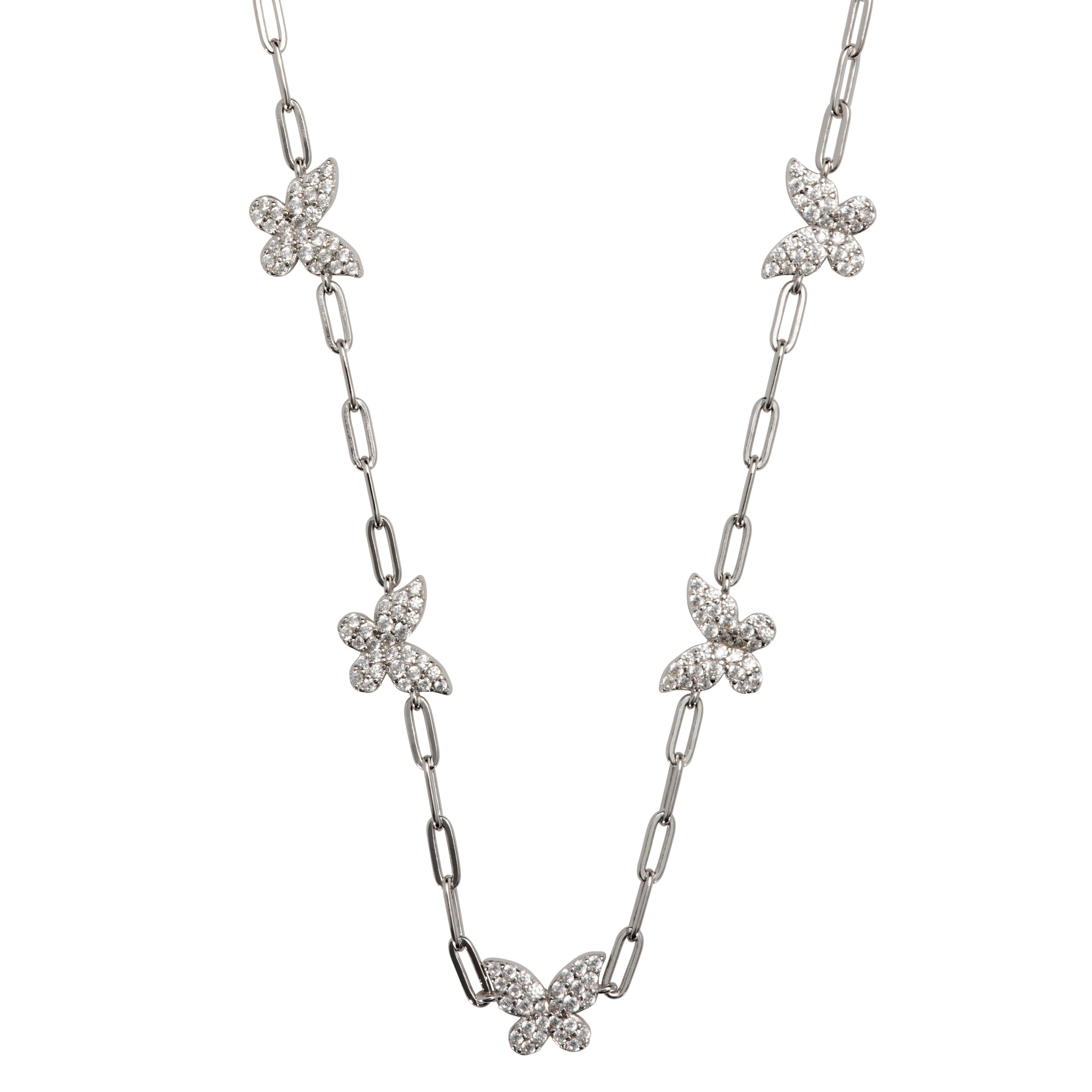 Silver necklace with butterfly-shaped diamond embellishments and interlinked chain.
