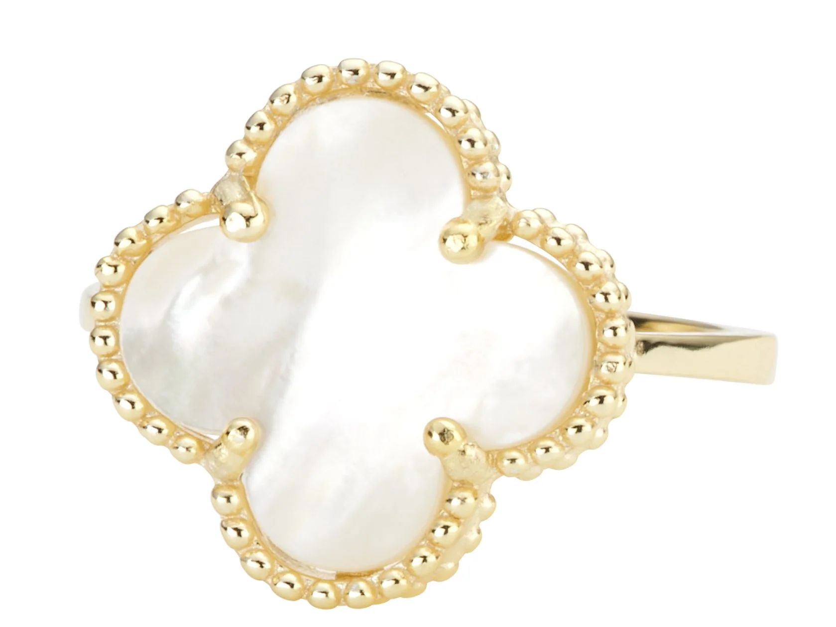 Gold ring with a large, bezel-set, irregular-shaped white pearl surrounded by a beaded gold border.