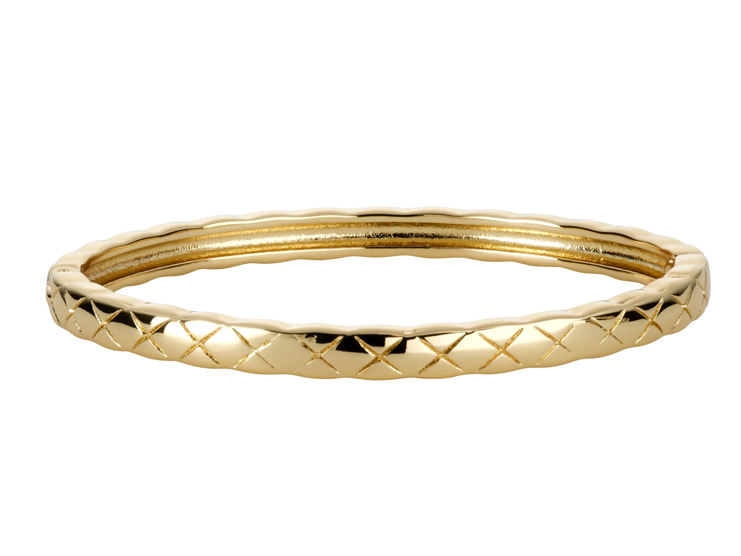 Gold ring with a textured, crisscross pattern design.