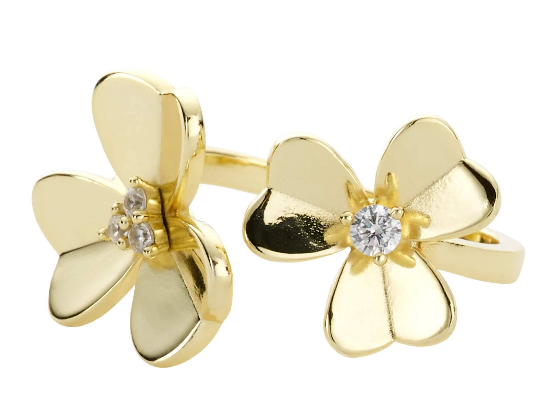 Gold flower-shaped earrings with three small diamonds on each bloom, centered around a larger diamond, photographed against a white background.