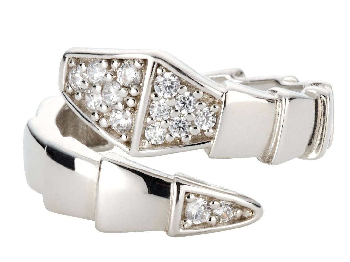 Silver ring with intricate geometric design and small diamonds embedded in it.