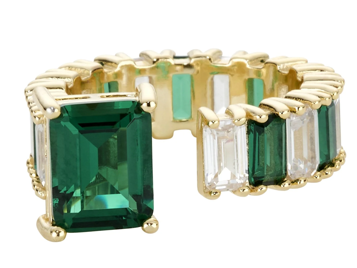 Gold ring with large emerald-cut green gemstones and clear rectangular gemstones alternating
