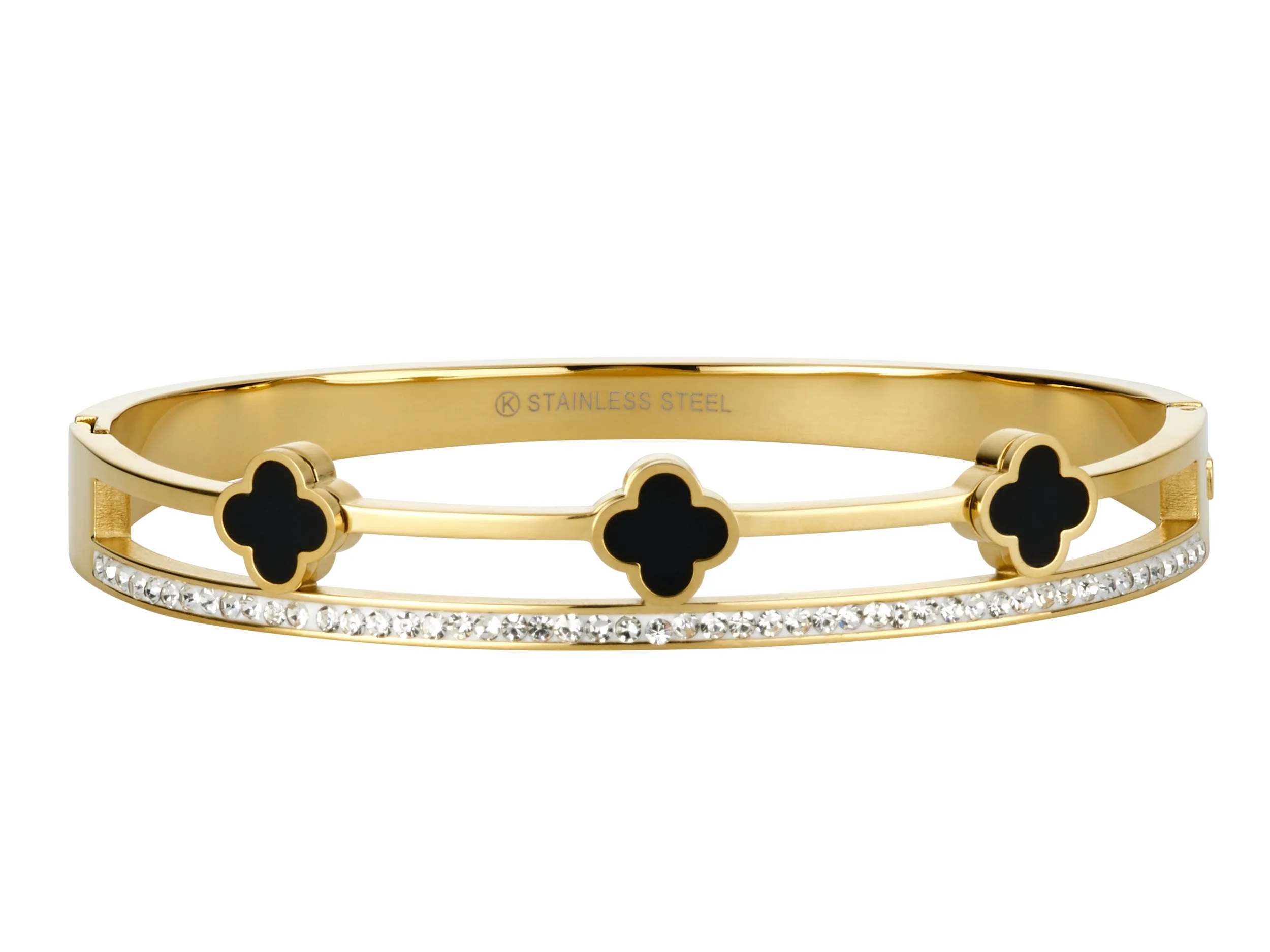 Gold-tone bracelet with black quatrefoil accents and a row of small clear crystals