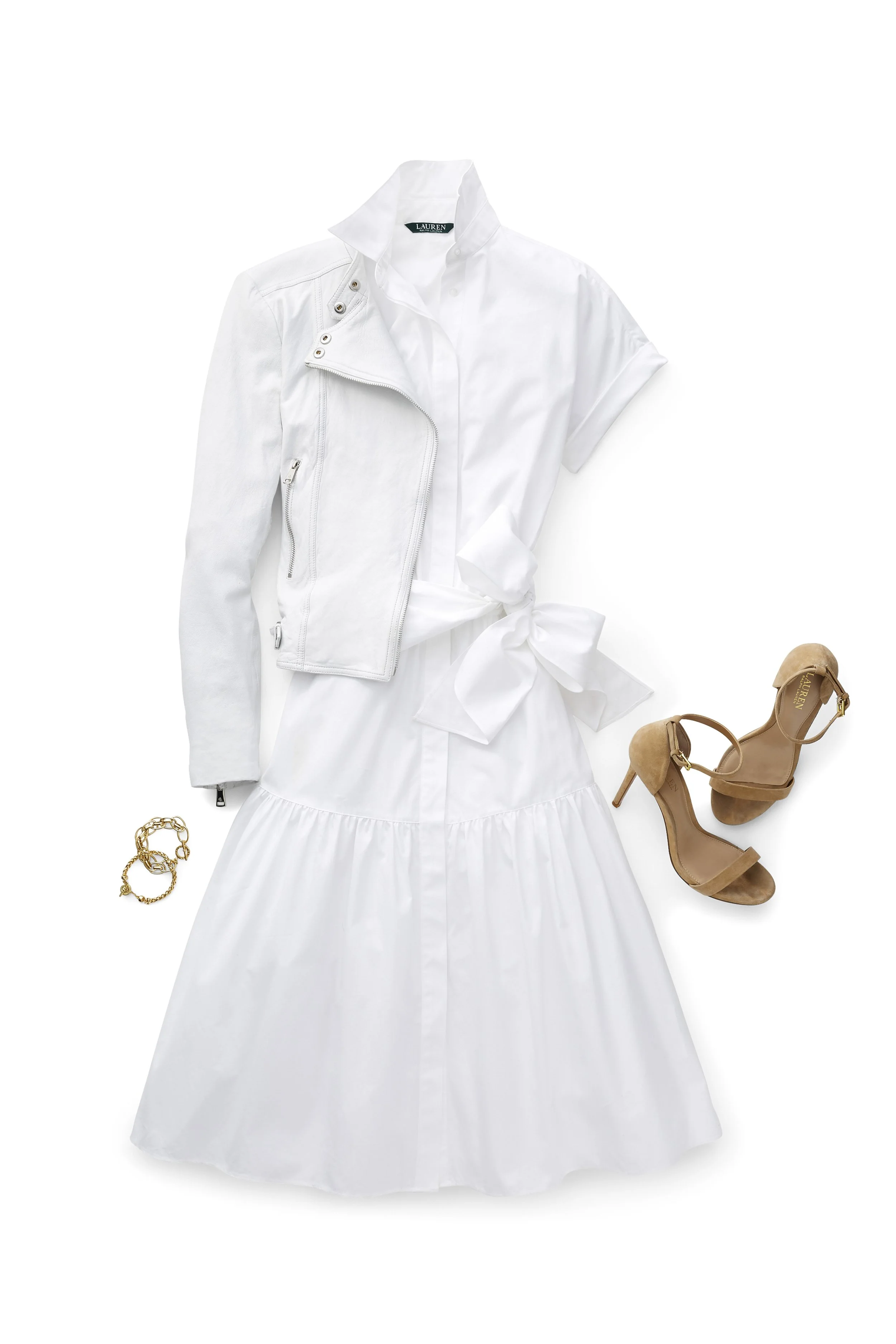 White dress with a bow, white jacket, tan high-heeled shoes, and gold jewelry