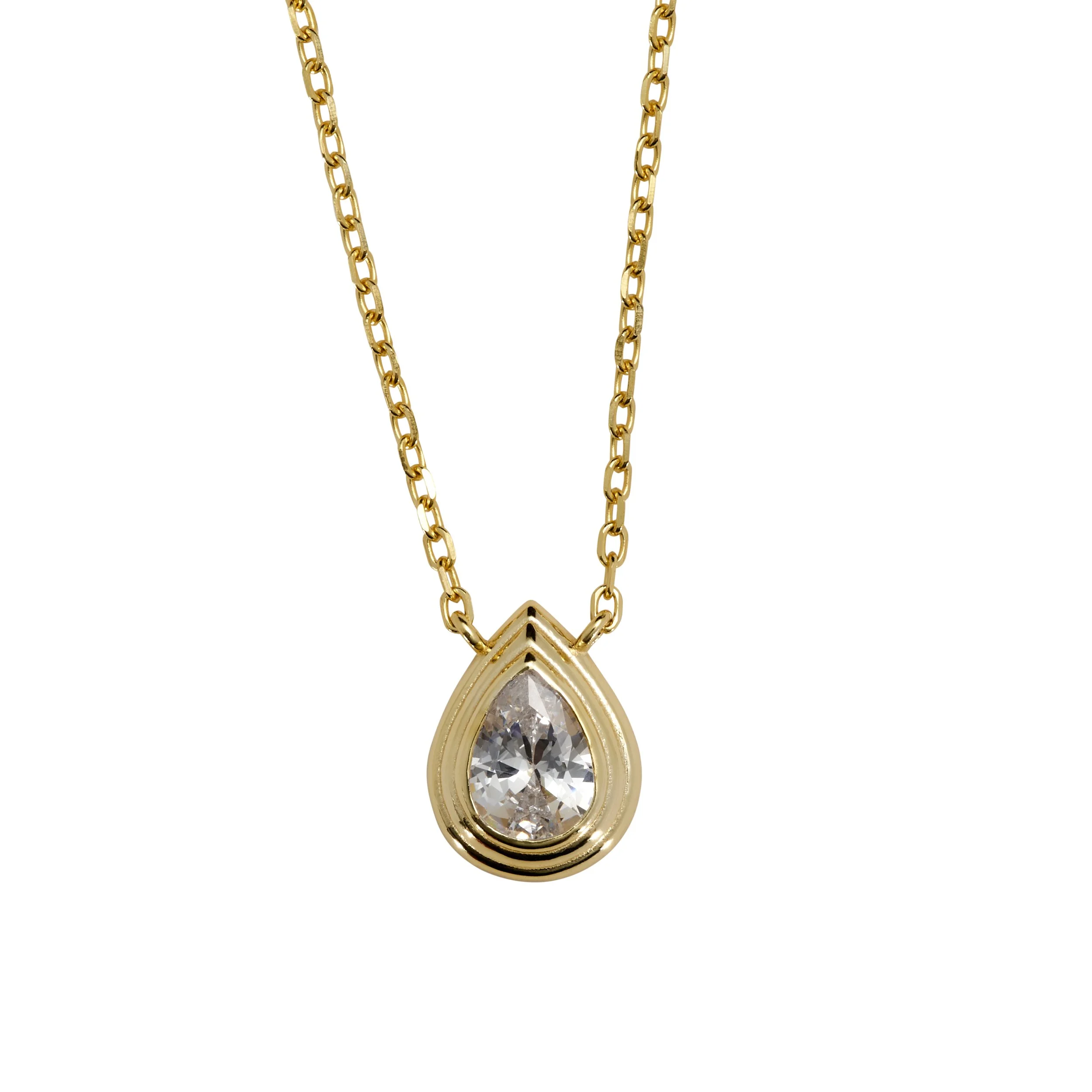 Gold necklace with a teardrop-shaped pendant containing a large clear gemstone.