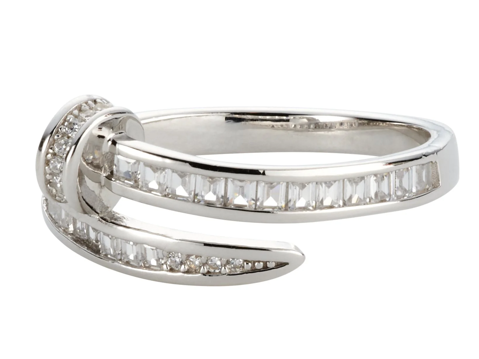 A silver ring with a modern design, featuring embedded square and round clear gemstones.