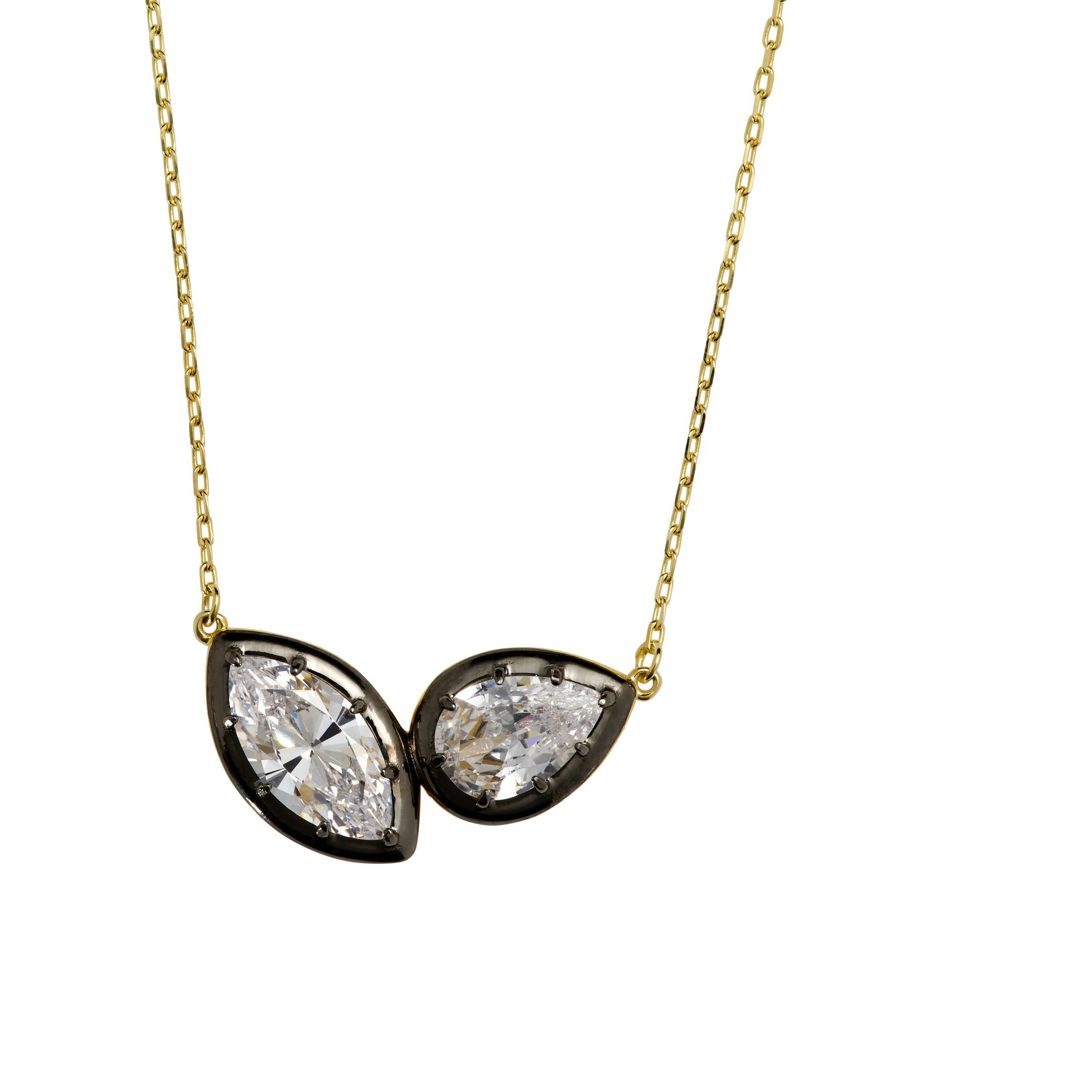 Gold chain necklace with a pendant featuring two large teardrop-shaped clear gemstones.