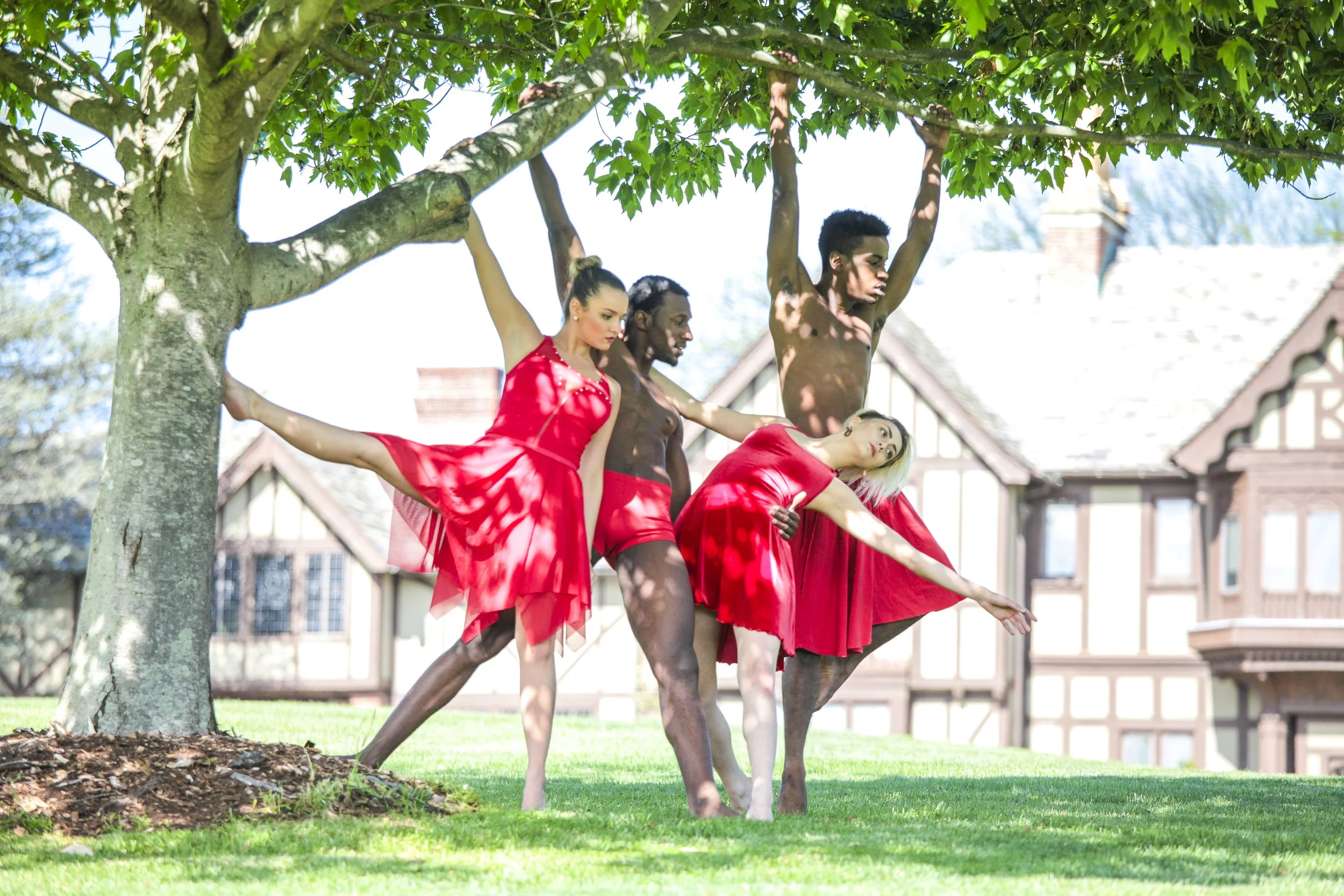 Four dancers in red dresses performing a choreographed dance outside on a grassy lawn under a tree.