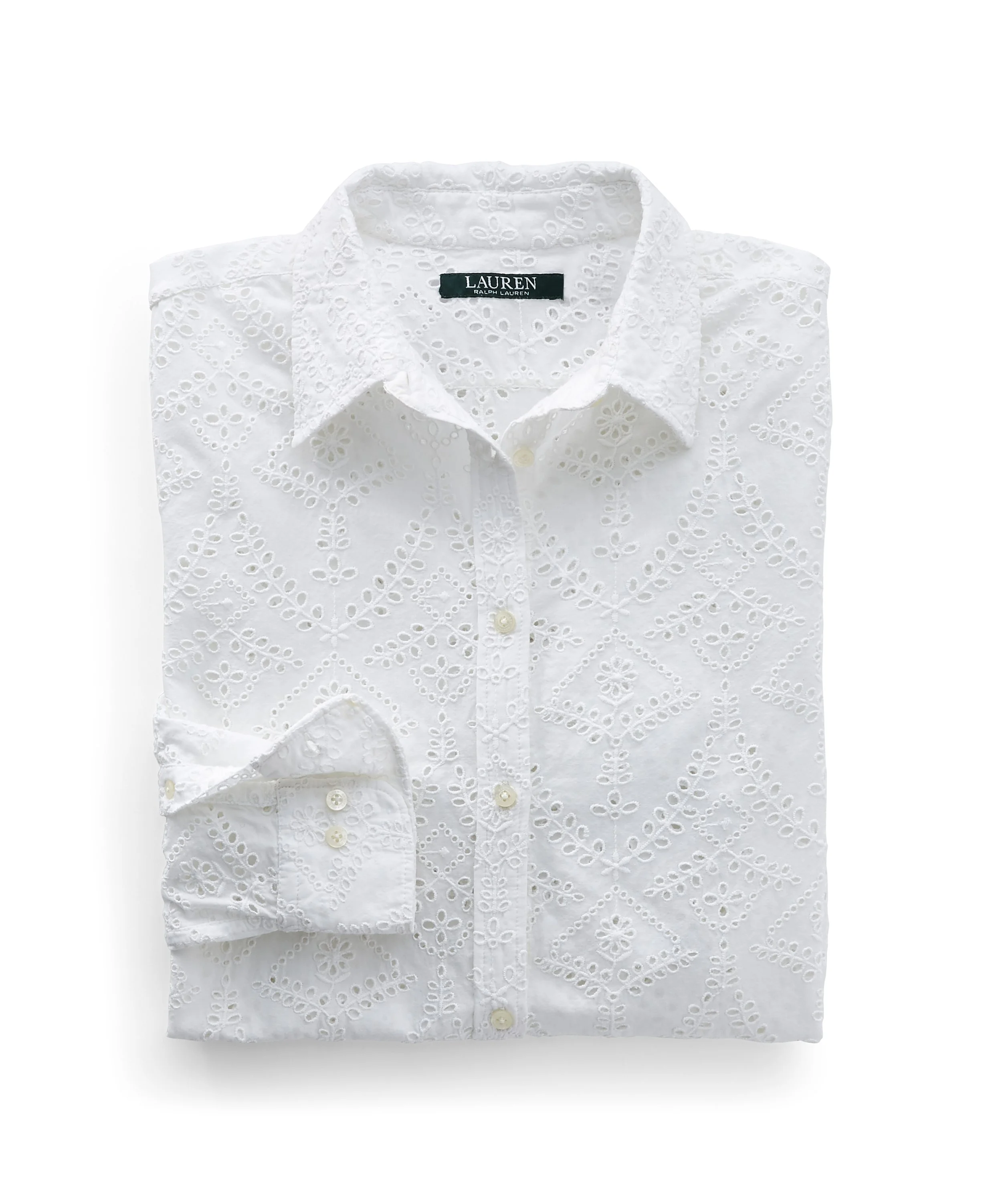 White eyelet embroidered button-up shirt with collar, long sleeves, and a label that reads Lauren Ralph Lauren.