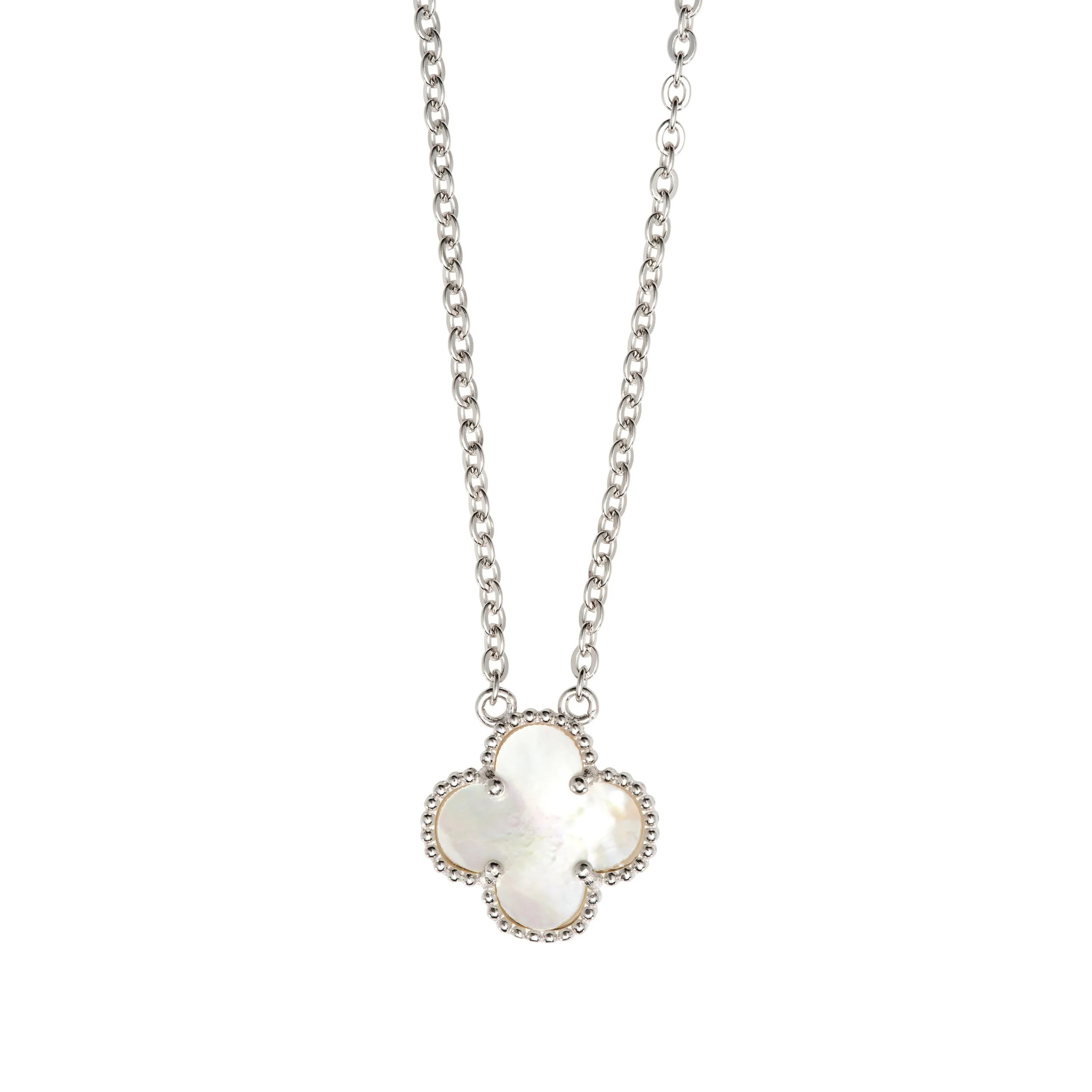 Silver necklace with a clover-shaped pendant made of white mother-of-pearl, outlined with small beads.