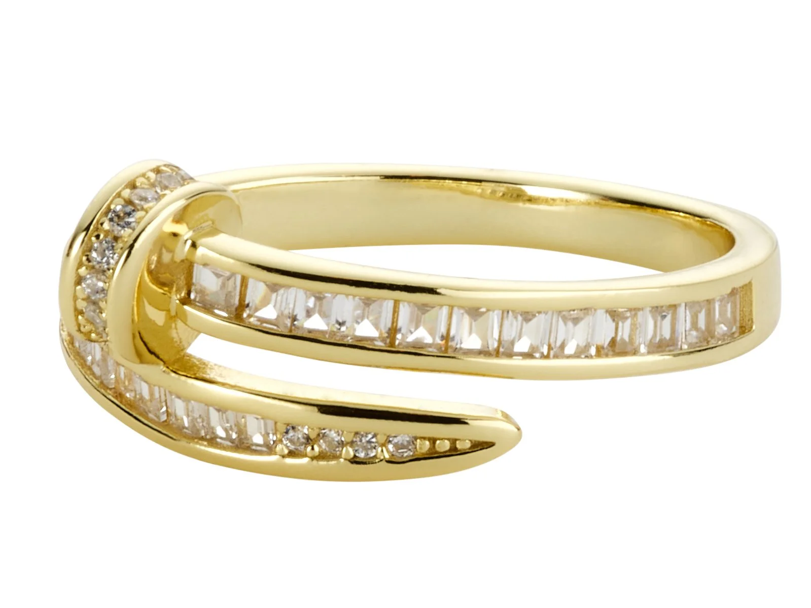 Gold ring with two bands, one with round diamonds and the other with baguette-cut diamonds, arranged in a modern, curvy design.