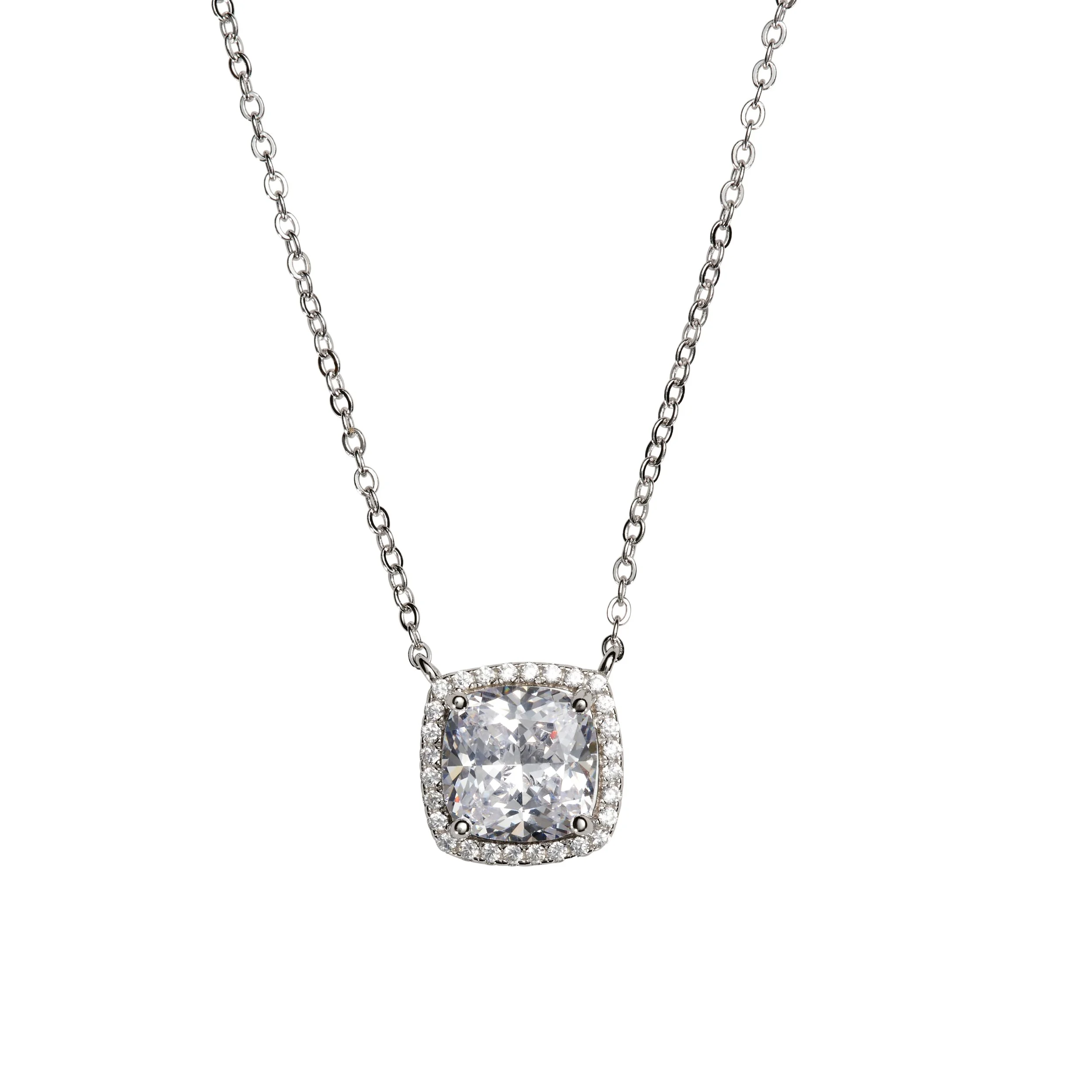A silver chain necklace with a large, square, clear gemstone pendant surrounded by smaller gemstones.