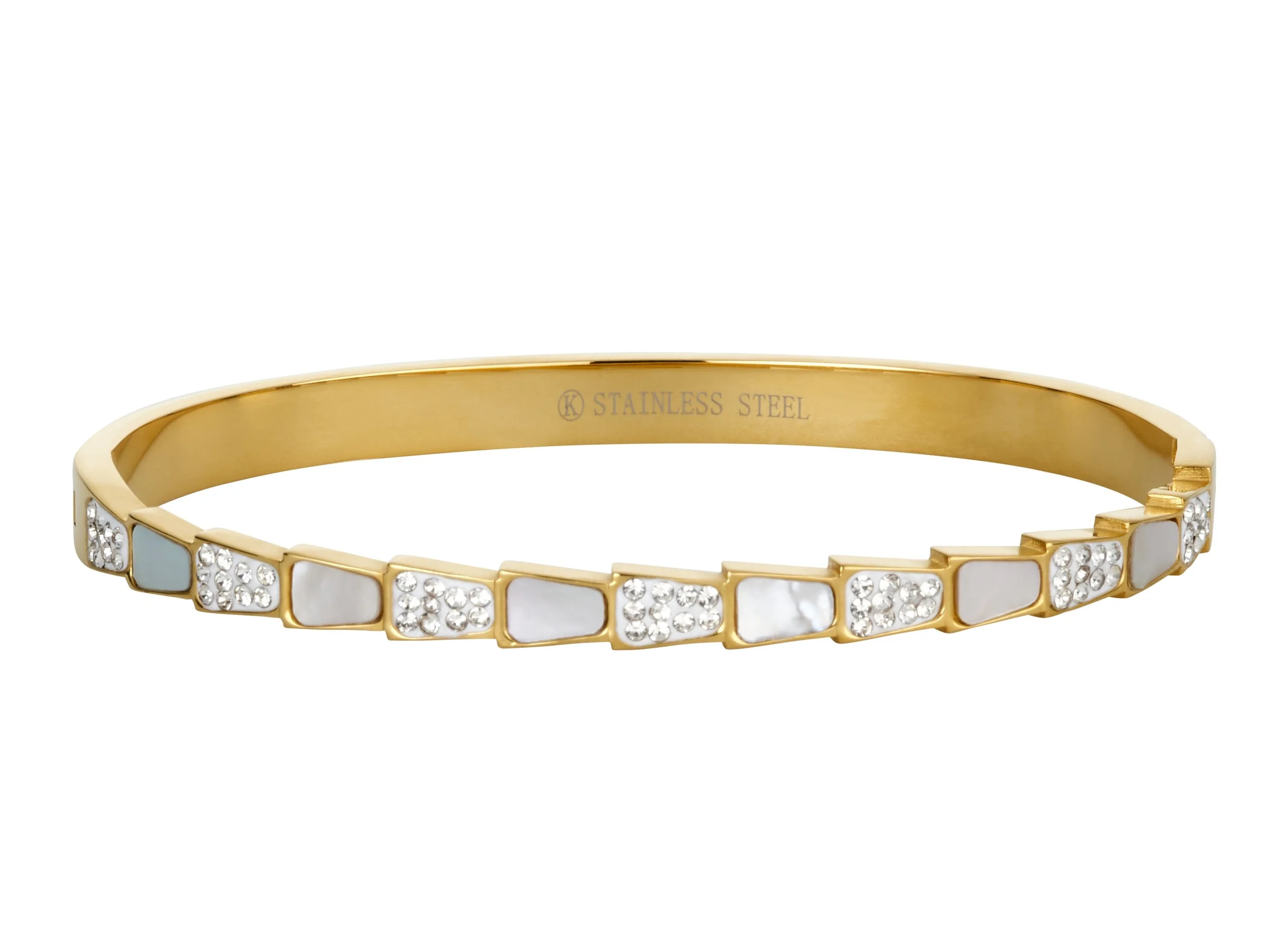 Gold bracelet with embedded white stones and small clear crystals, labeled as stainless steel.