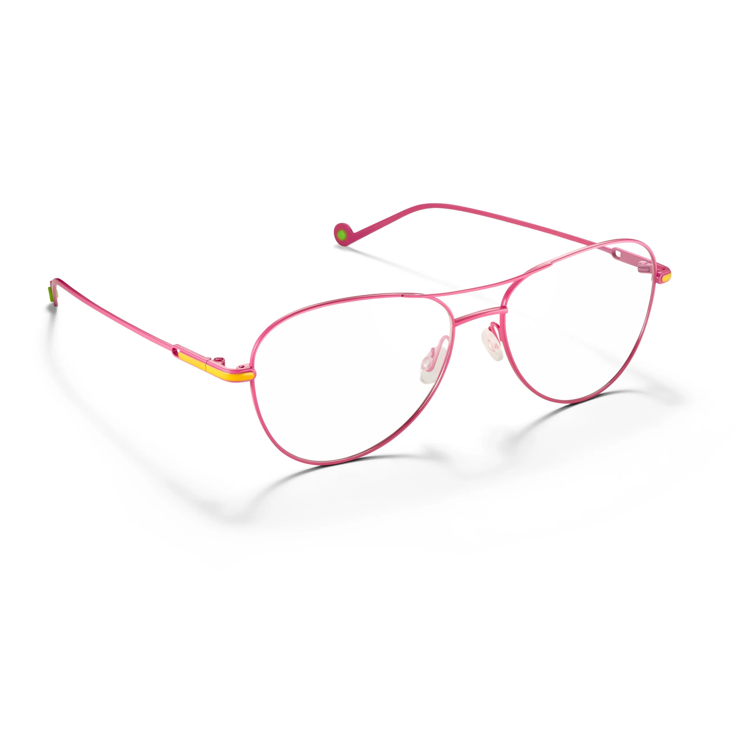 Pink sunglasses with a metal frame and clear lenses.